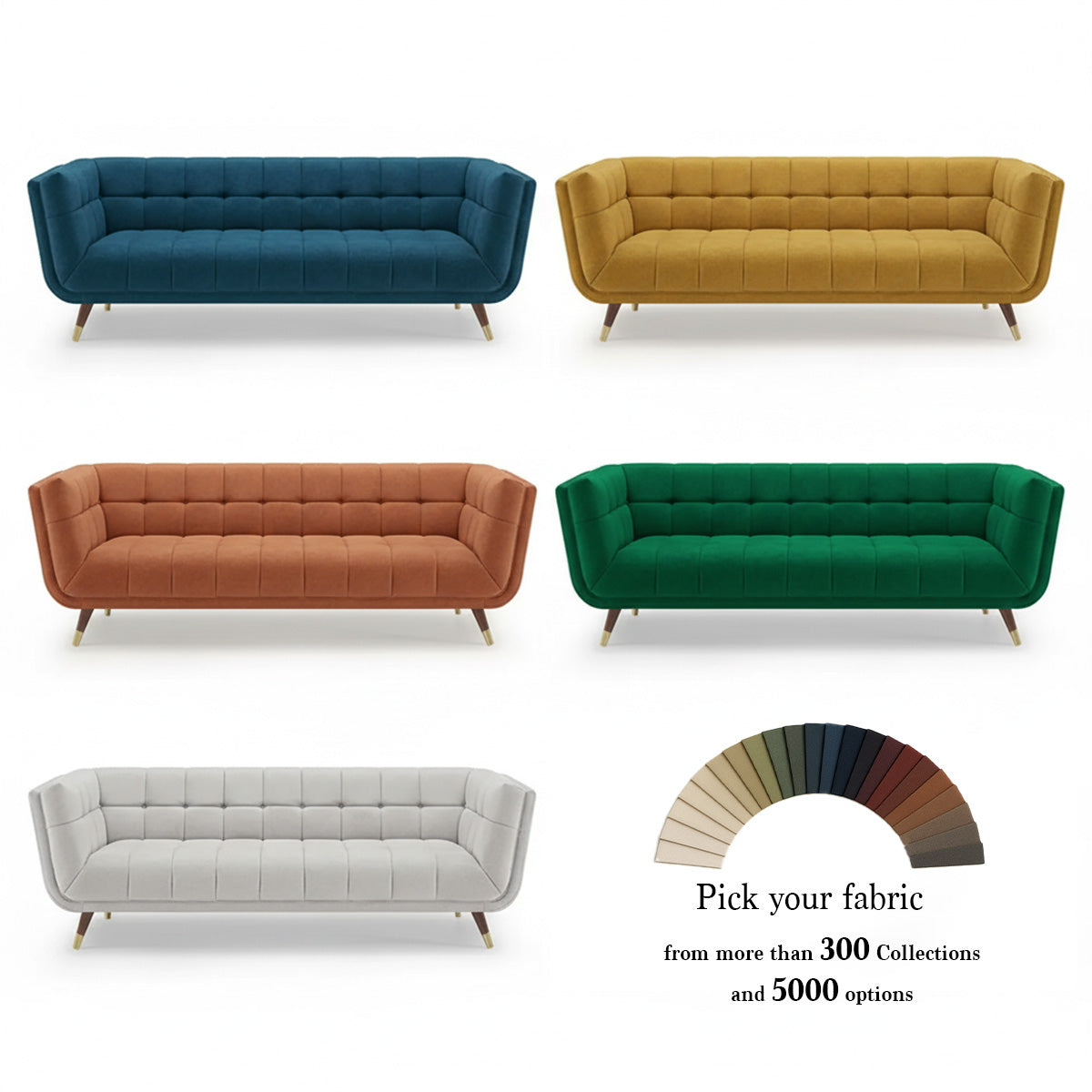 Image showing the Austin couch available in six color options: blue, yellow, terracotta, green, and light grey, with a fabric swatch selection wheel below.