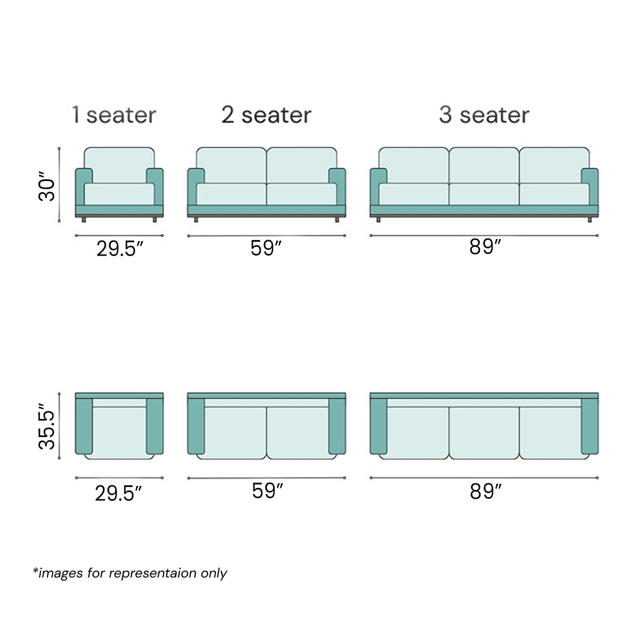 Sofa dimension chart showing measurements for 1-seater (29.5" W), 2-seater (59" W), and 3-seater (89" W) sofas with a height of 30" and depth of 35.5".