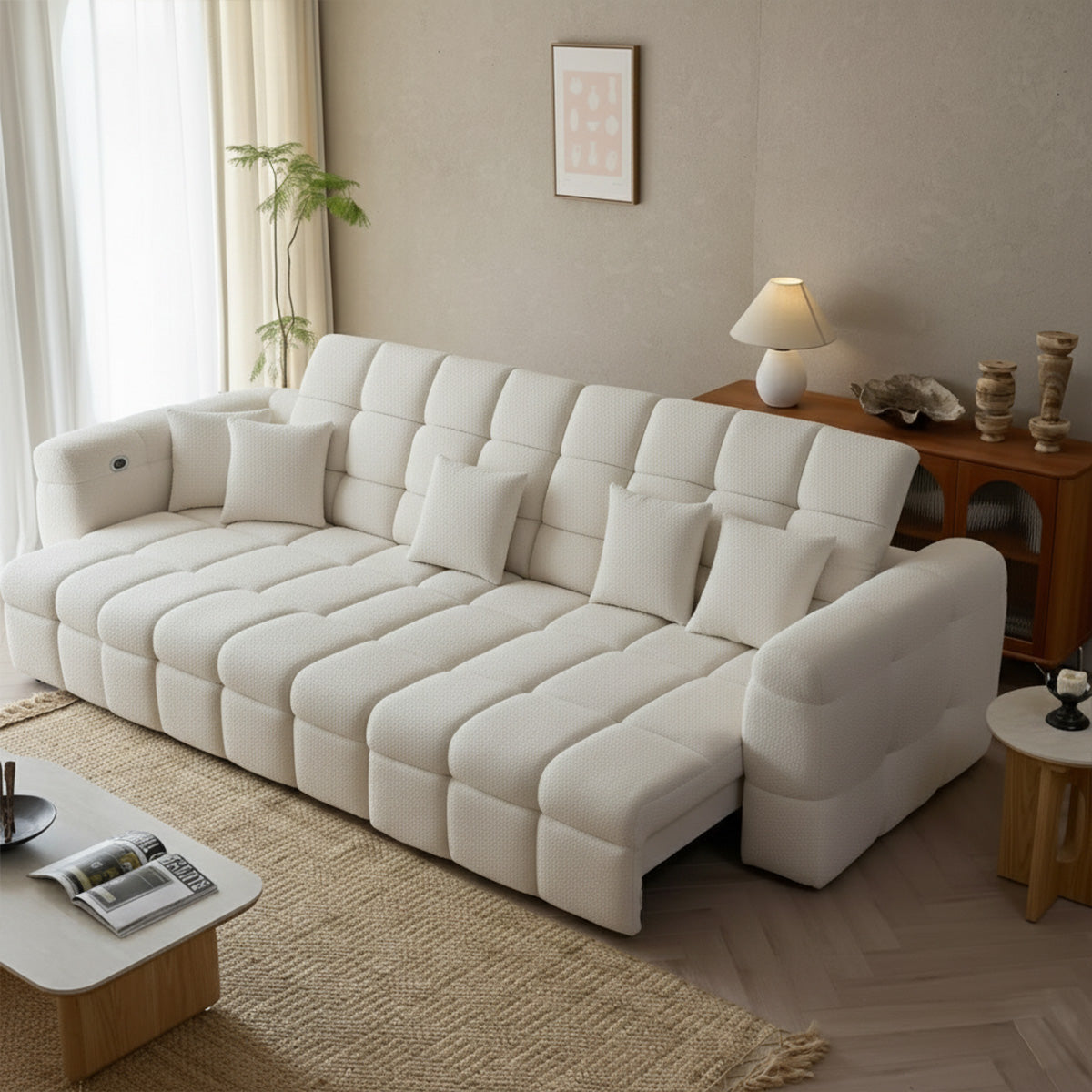 Wide shot of a large white modular sofa with quilted texture and pull-out extension, acting as a futon or sofa bed, in a bright, modern living room.