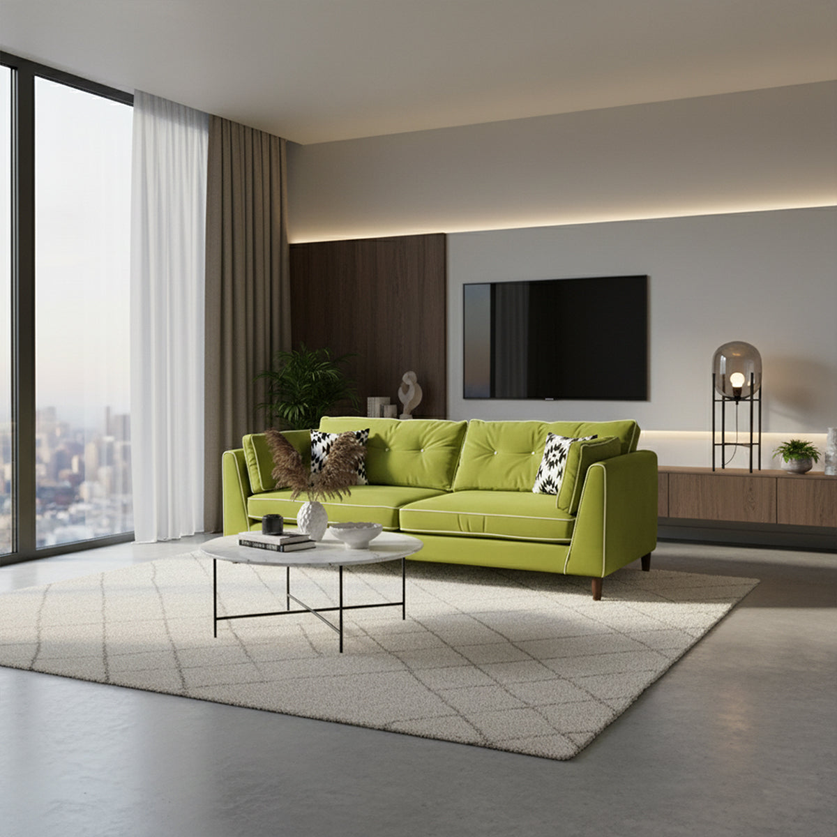 Luxurious apartment with a cityscape view, featuring a bright green velvet Mallore 2-seater sofa, white marble coffee table, and entertainment unit.