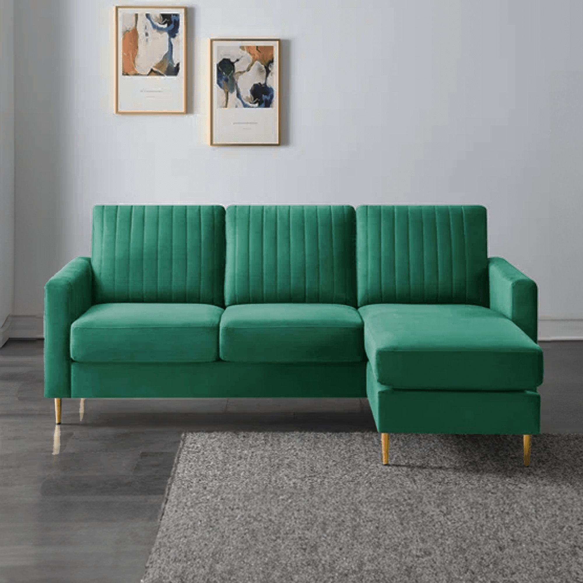 L shape sofa on line, designed for a minimalist modern interior. Green fabric sofa with golden legs.