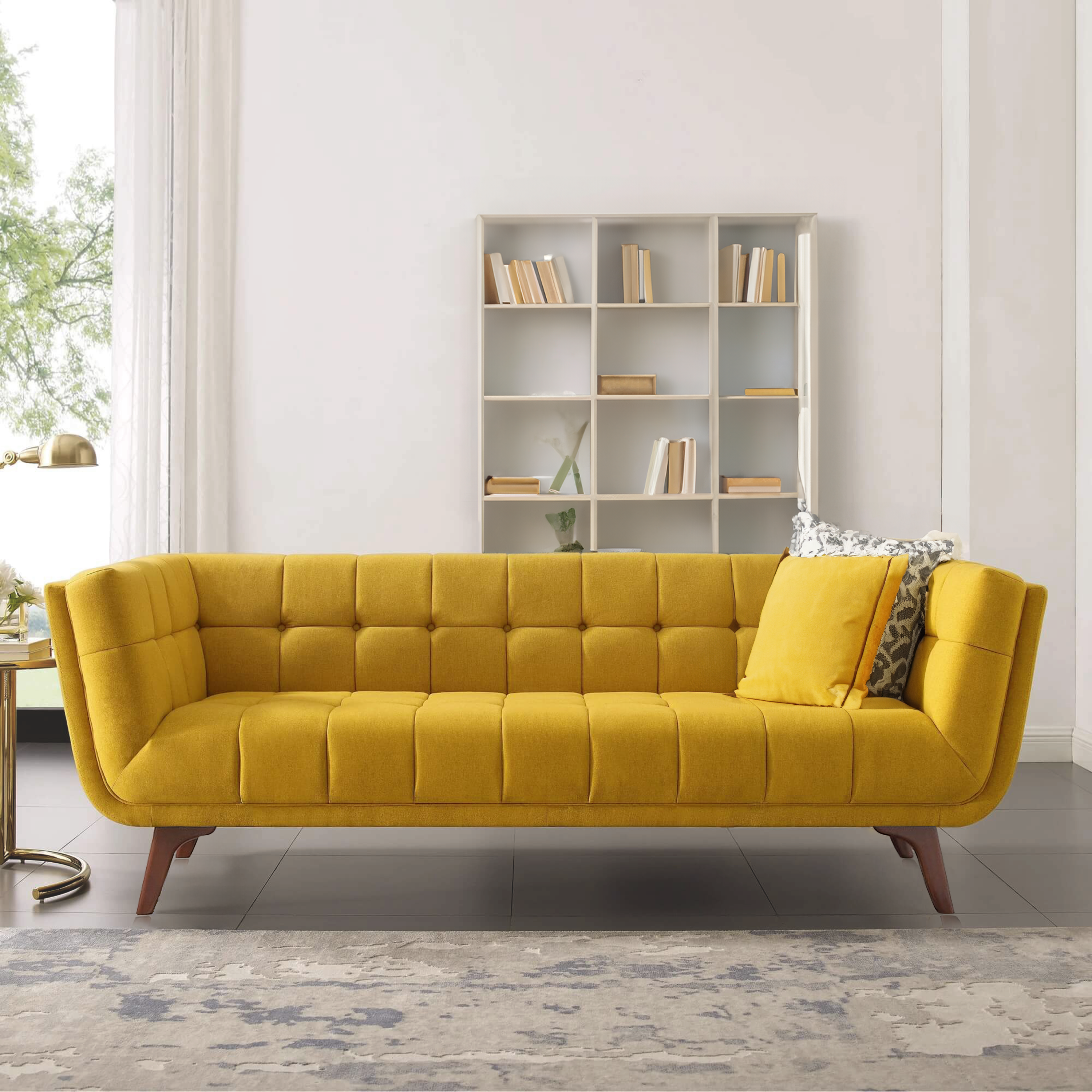 Set couch with a compact design, ideal for a living area sofa set. Cute yellow sofa.