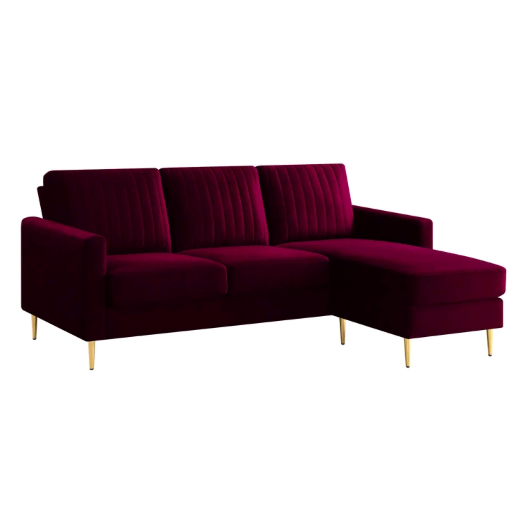 Corner sofa settee, featuring a striped backrest and high-rise legs. Maroon velvet sofa. Good looking