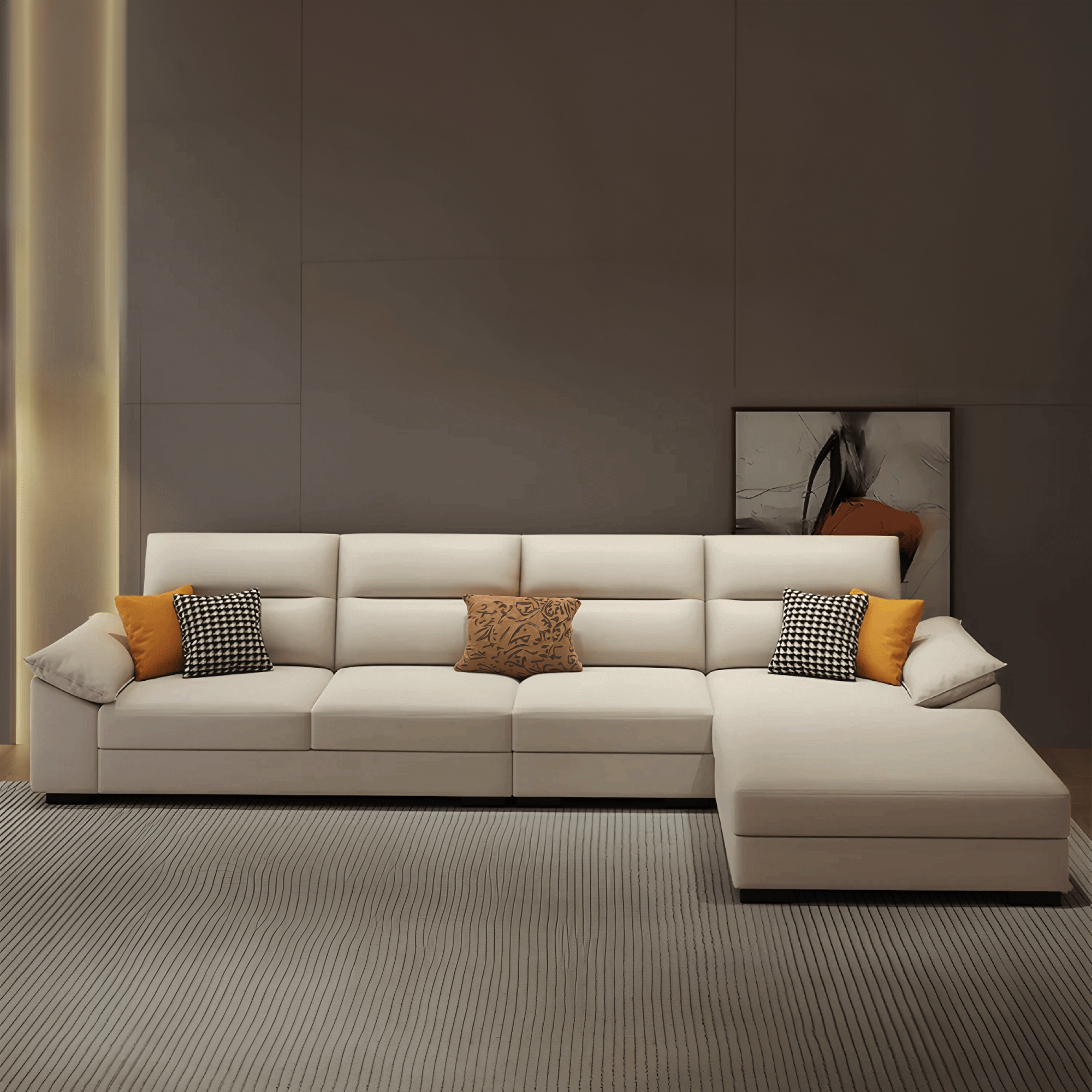 Corner corner sofa, featuring a slanted armrest and bold design. Elegant living room sofa