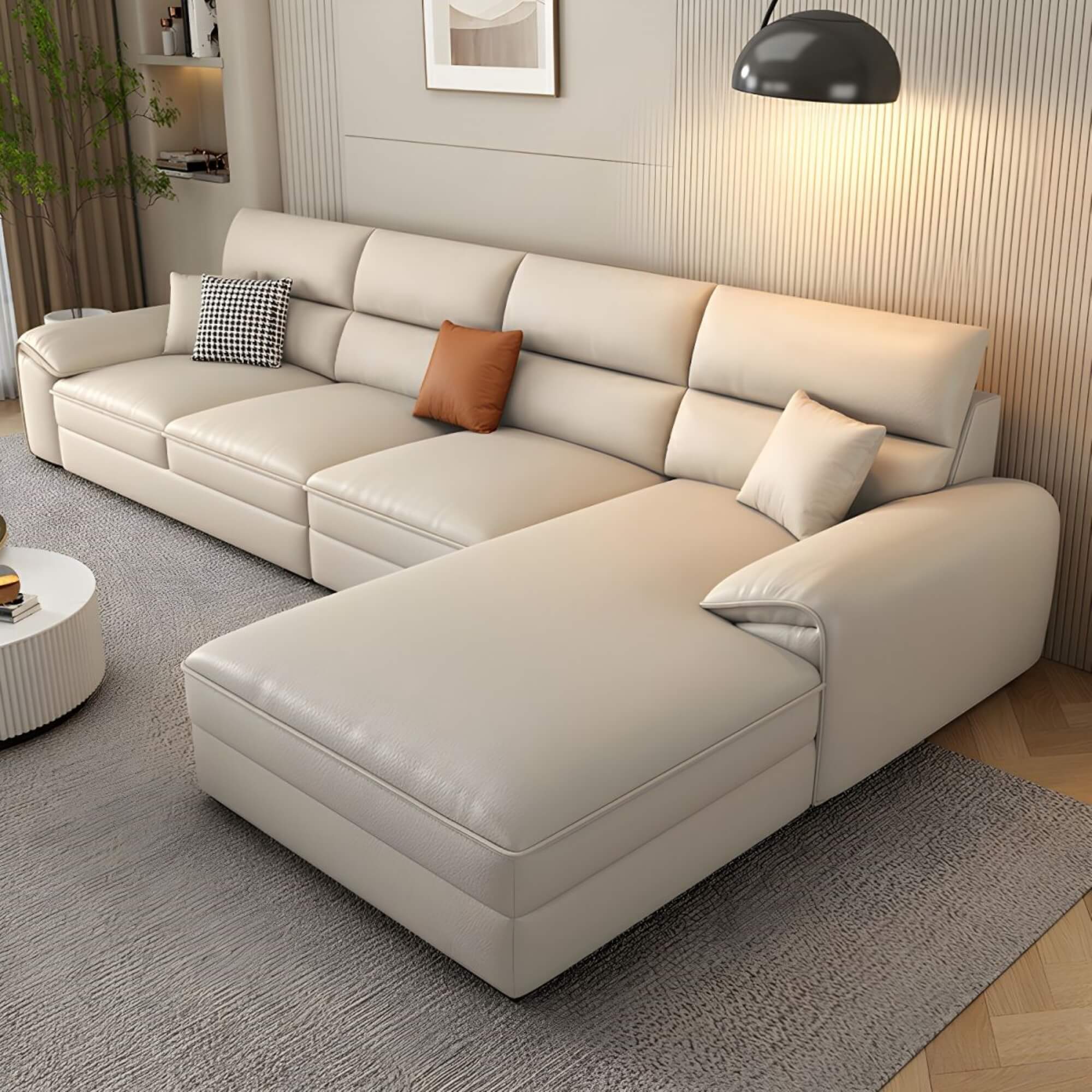 L shape sofa design, featuring extra lumbar padding for deep relaxation. White high class L shaped sofa