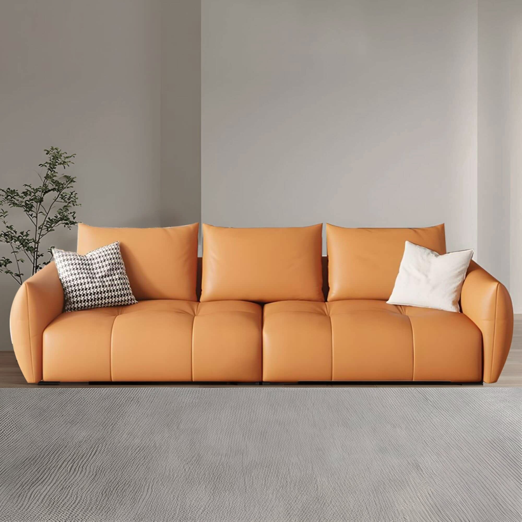 Set couch, designed for a Pinterest-worthy aesthetic and tufted seats. Orange colour sofa set