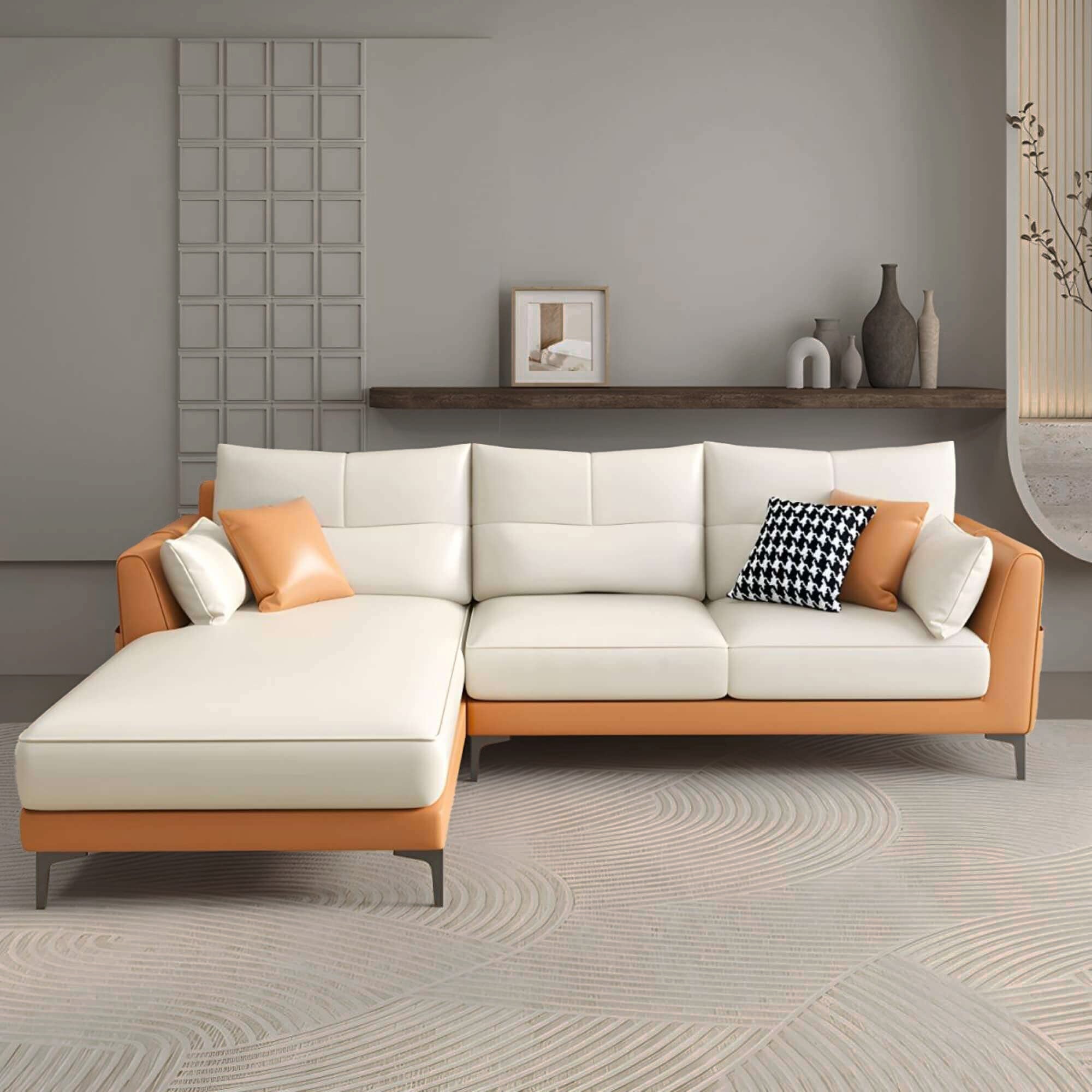 Corner corner sofa, featuring a twist of colors and plush comfort. Orange and white combo sofa set