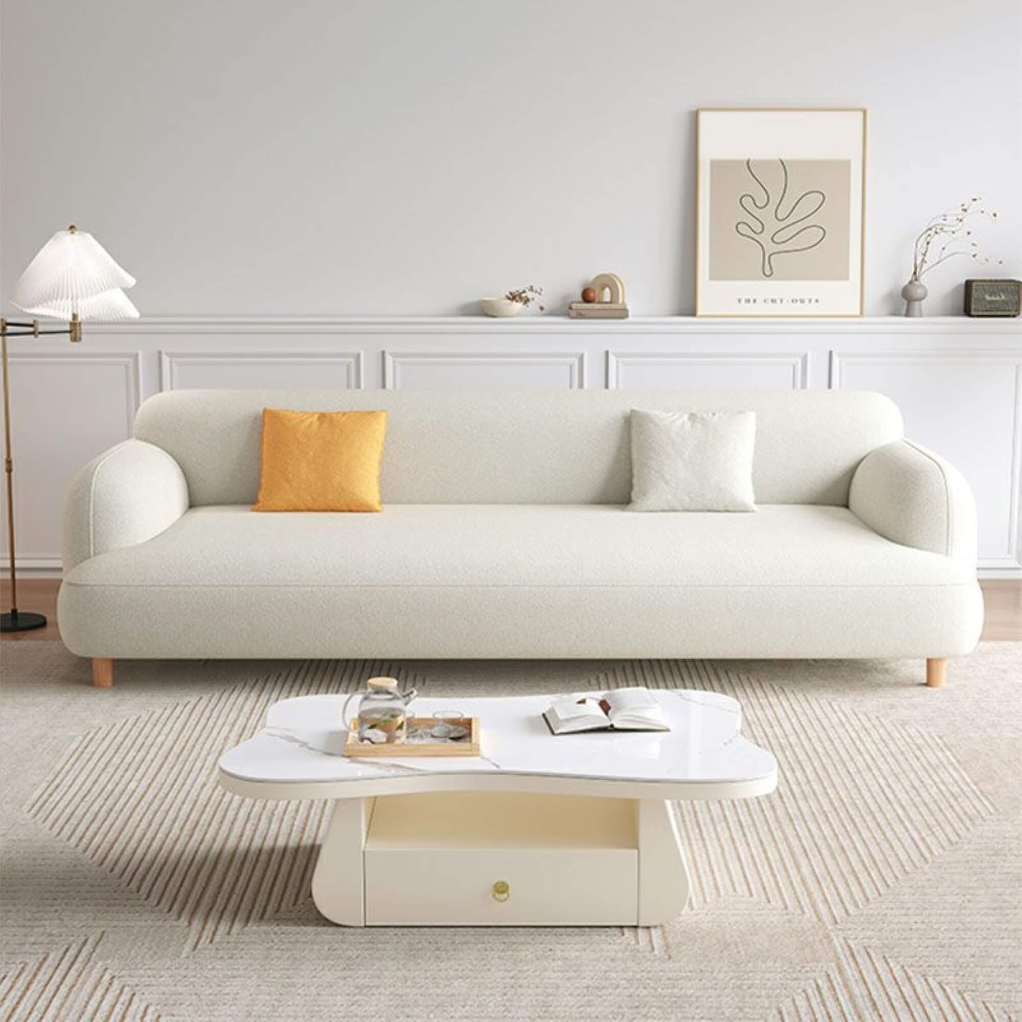 Sofa set dizain, inspired by Scandinavian aesthetics and modern comfort. White sofa.