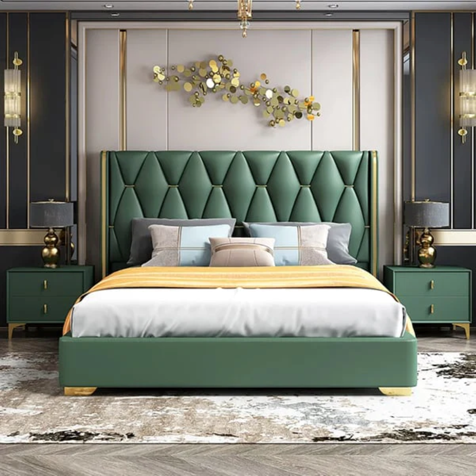 Queen size bed, crafted with diamond stitching for a modern style bed design, green upholstered bed