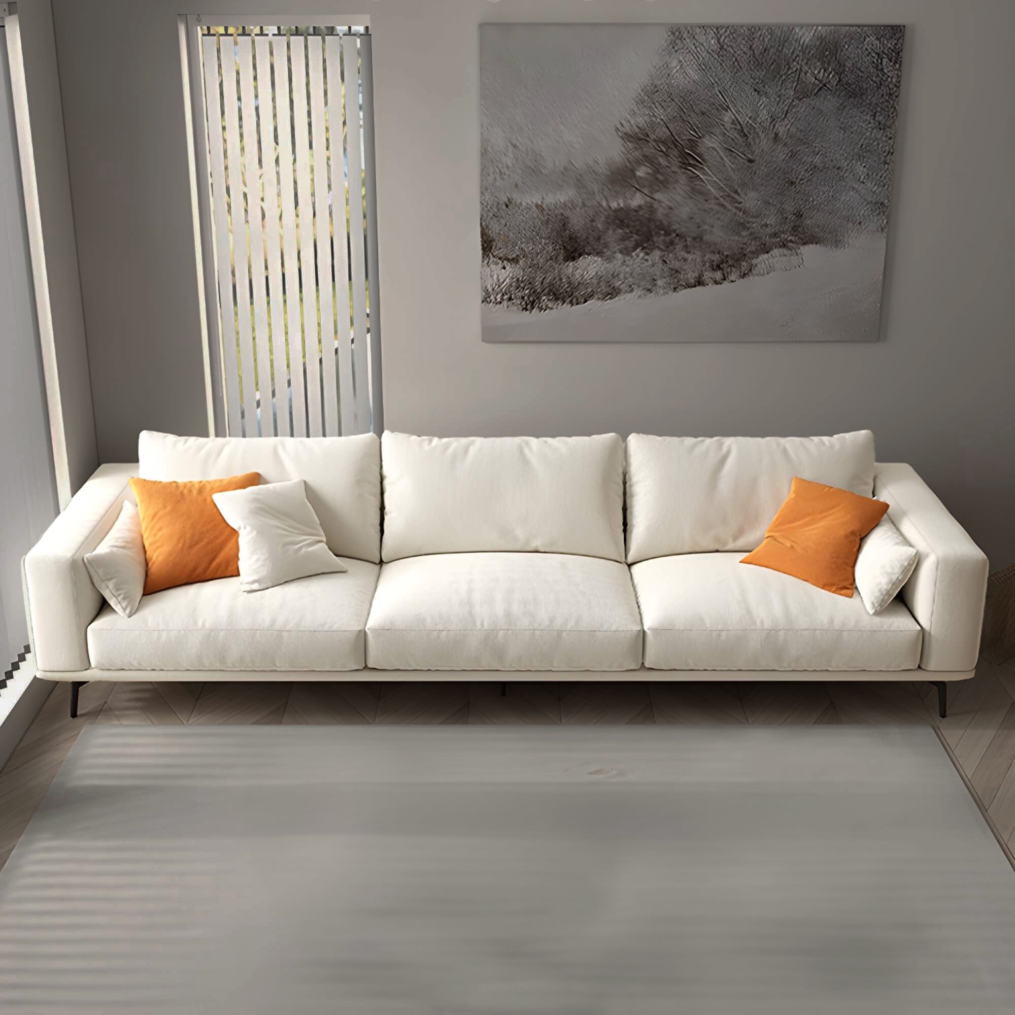 Living area sofa set, featuring a minimalist design with extra pillows.