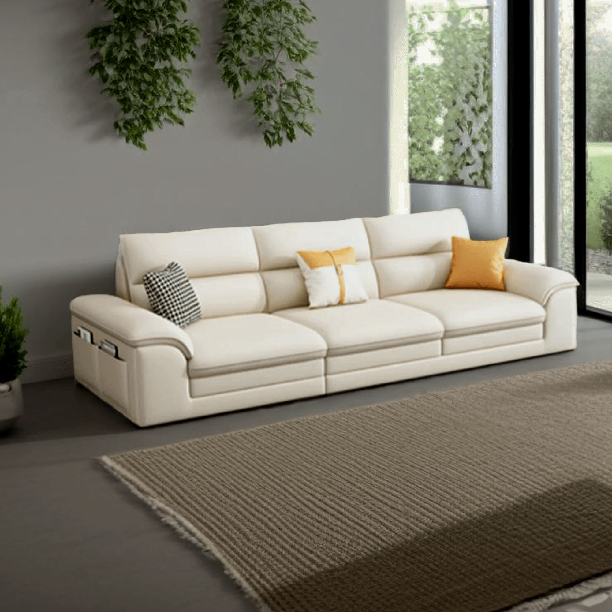 Set of sofa, designed with padded armrests and a living room sofa set. White leather sofa