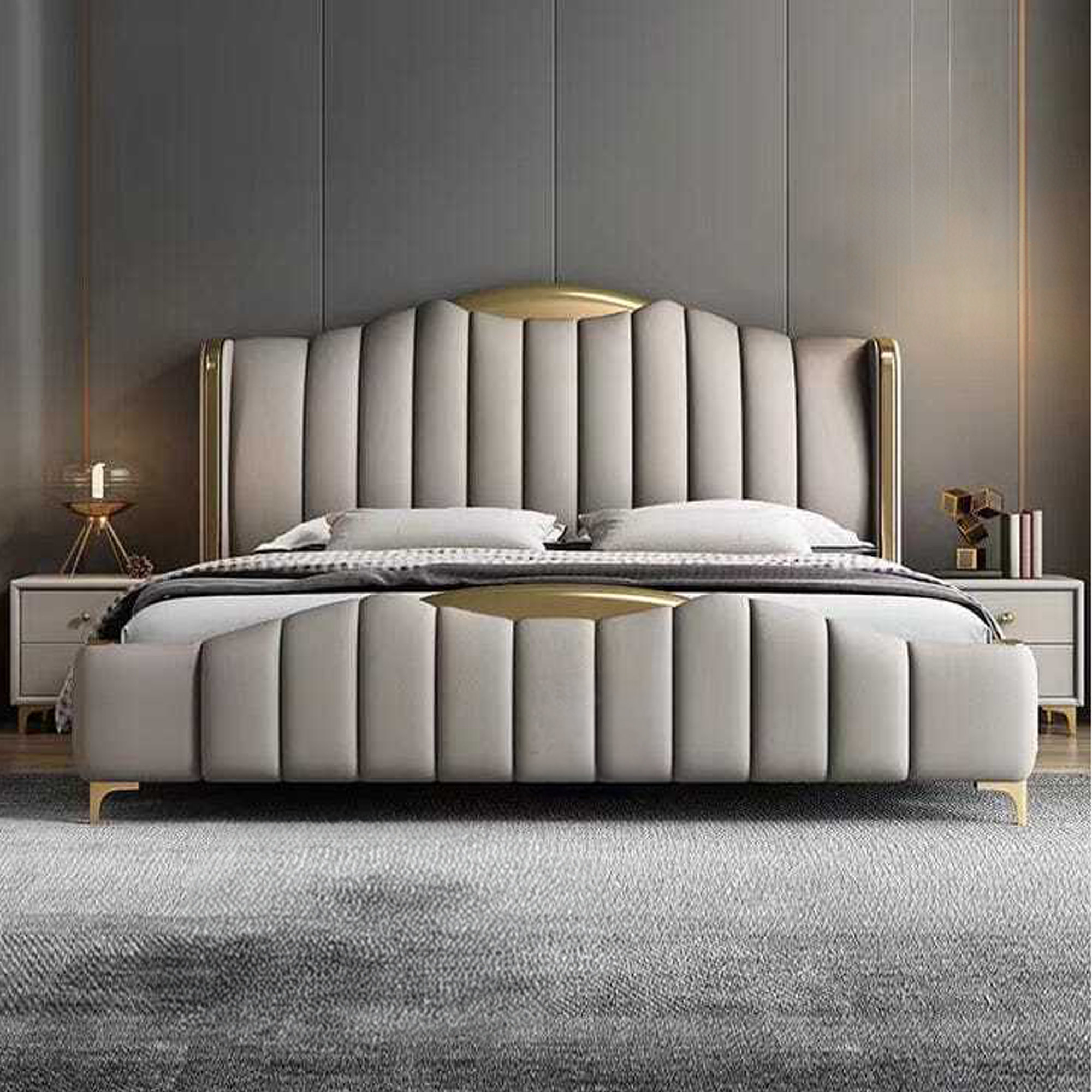 King size bed with cot design, featuring metal accents for a regal touch. striped gold upholstered bed