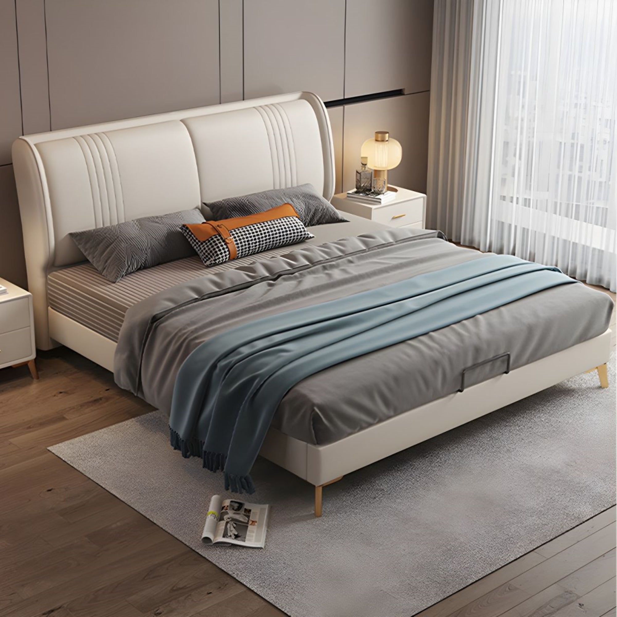 Bed with bed frame, elegant tailored design, perfect for a new bed design. bed with backrest