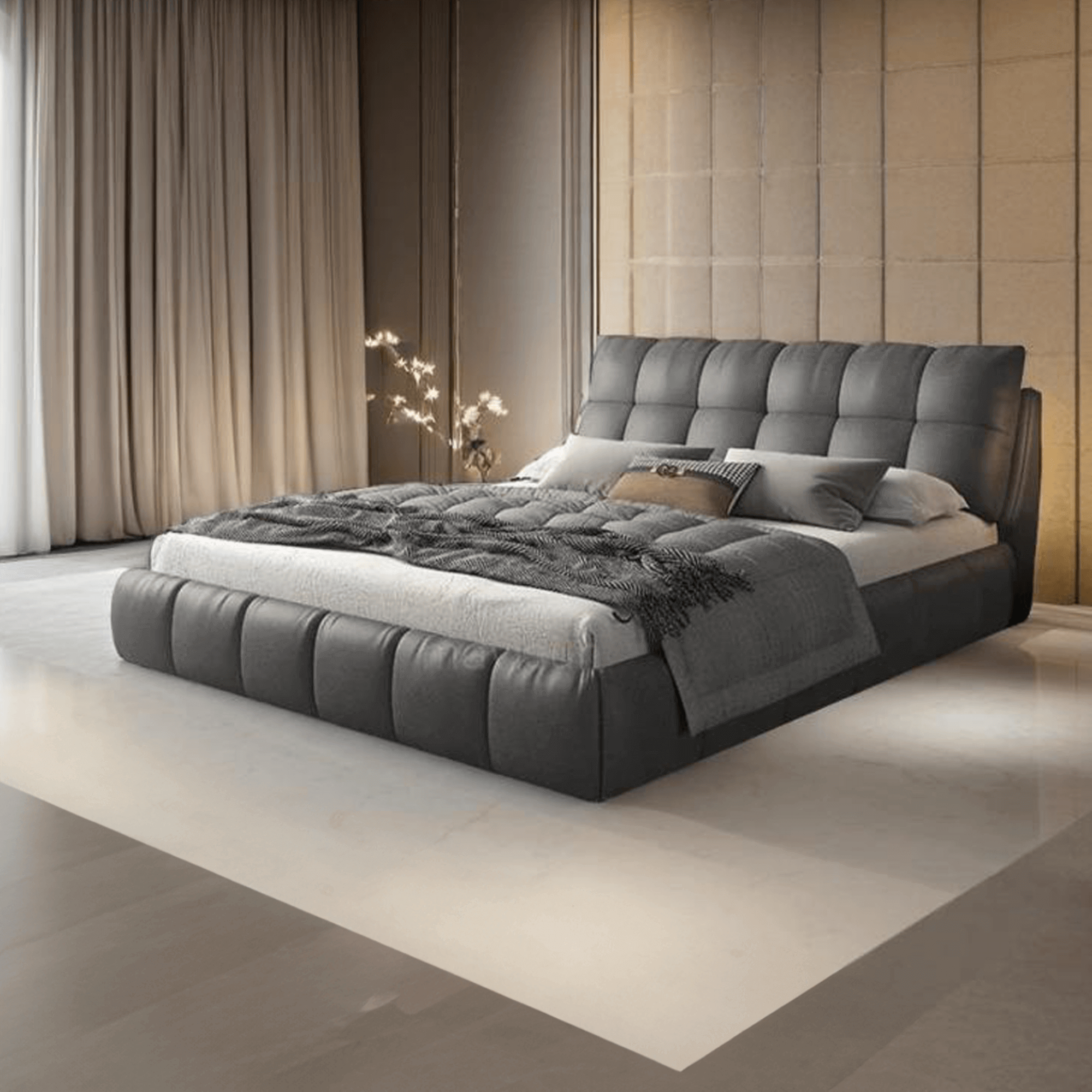 King size bed, an elegant modern style bed design with premium comfort. modern cushioned bed in minimal room