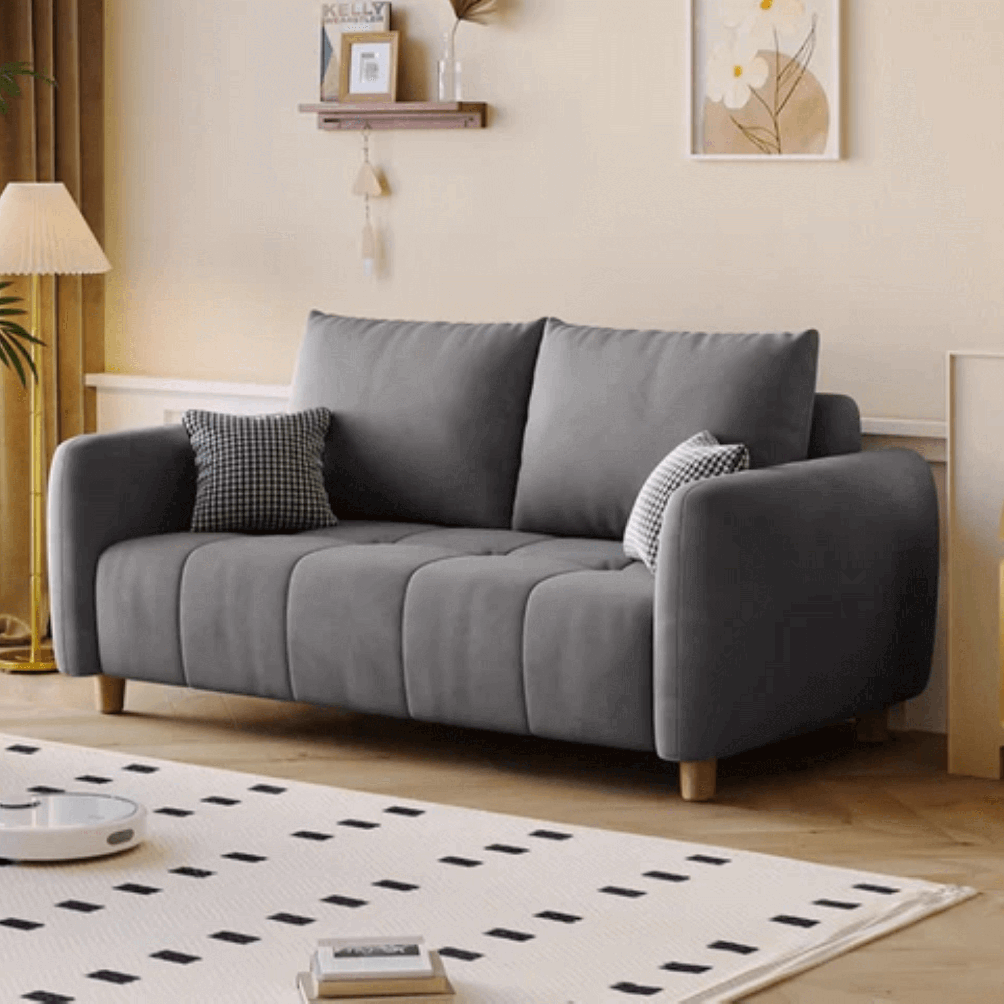 Furniture living room sofa set, with striped seats for a premium look. Dark grey elegant sofa