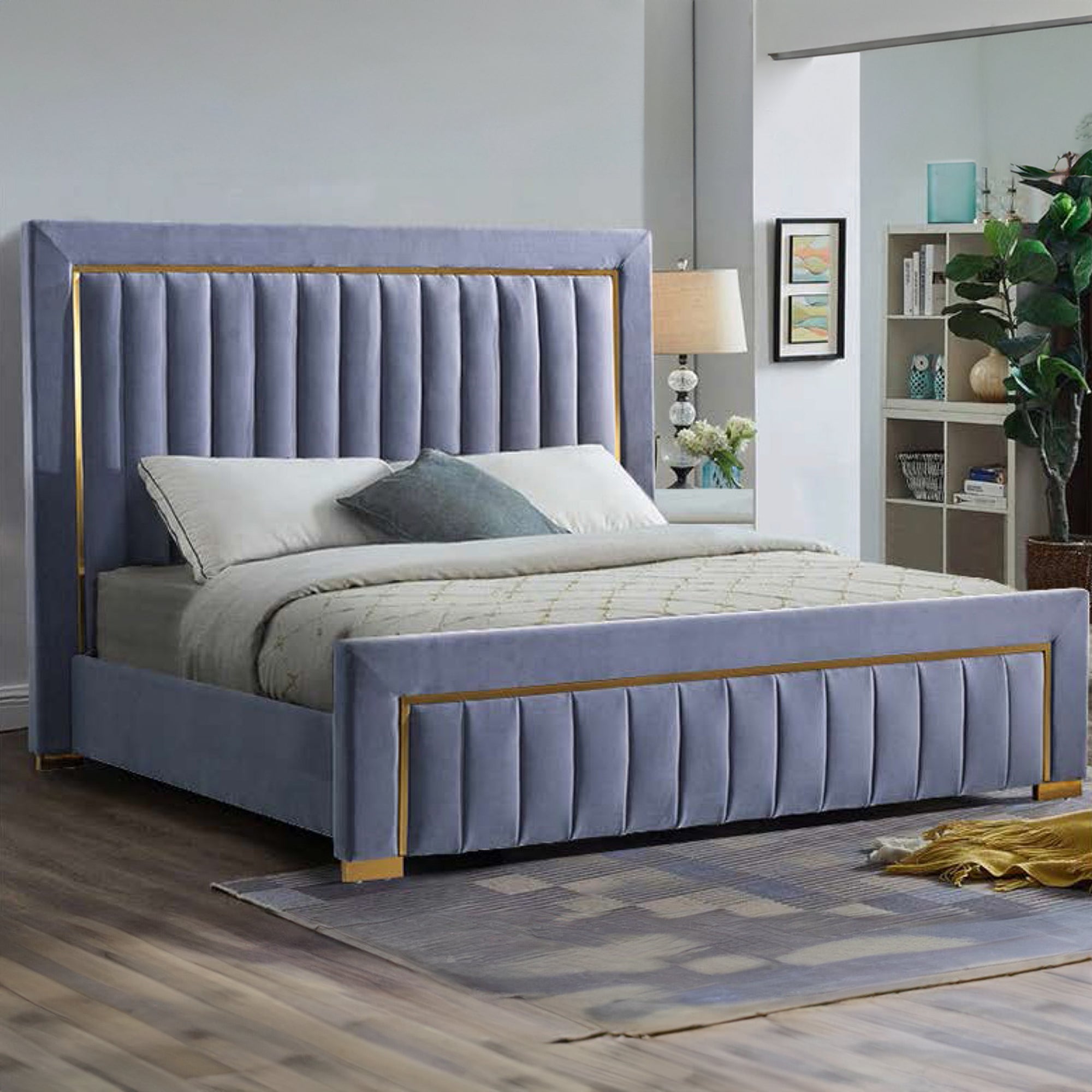 Bed & cot, featuring sleek metal accents and a modern style bed design, grey upholstered cot