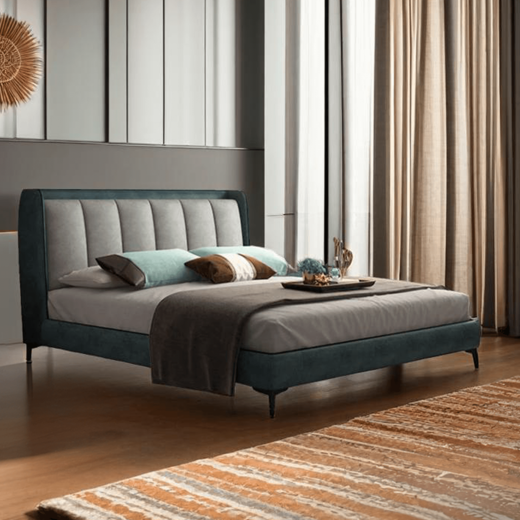 Bed in king size, featuring dual-tone fabric and premium materials. double upholstered bed in minimal setting