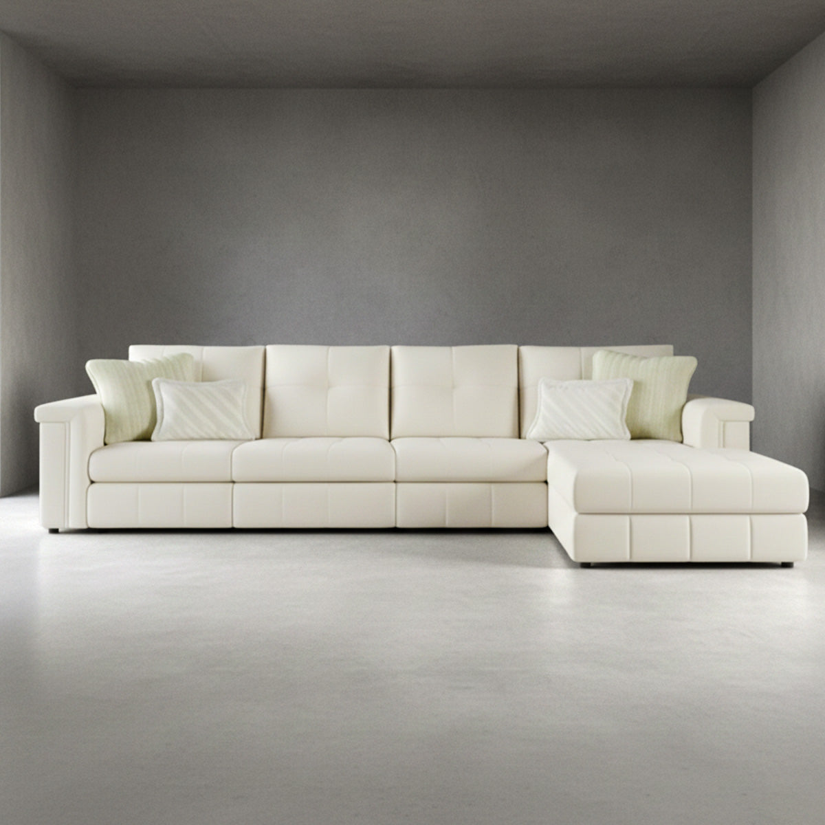 Modern Alcotta L-shaped sectional sofa in cream fabric with left-hand facing chaise and tufted seating.