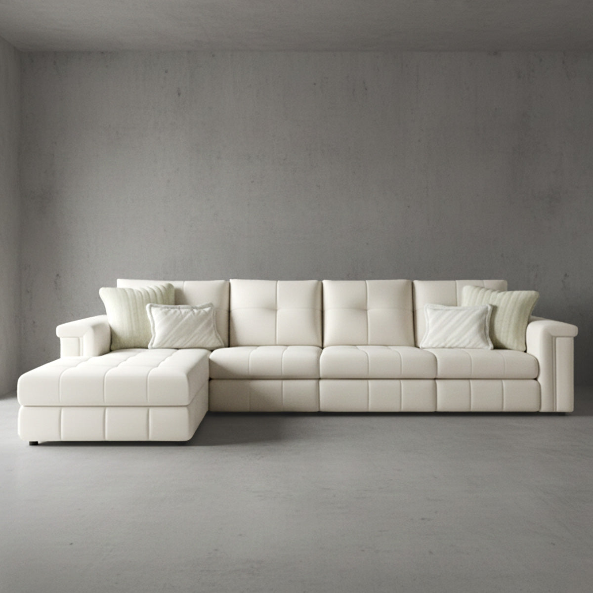 Large modular sectional sofa in cream fabric with right-side chaise lounge and plush throw pillows.