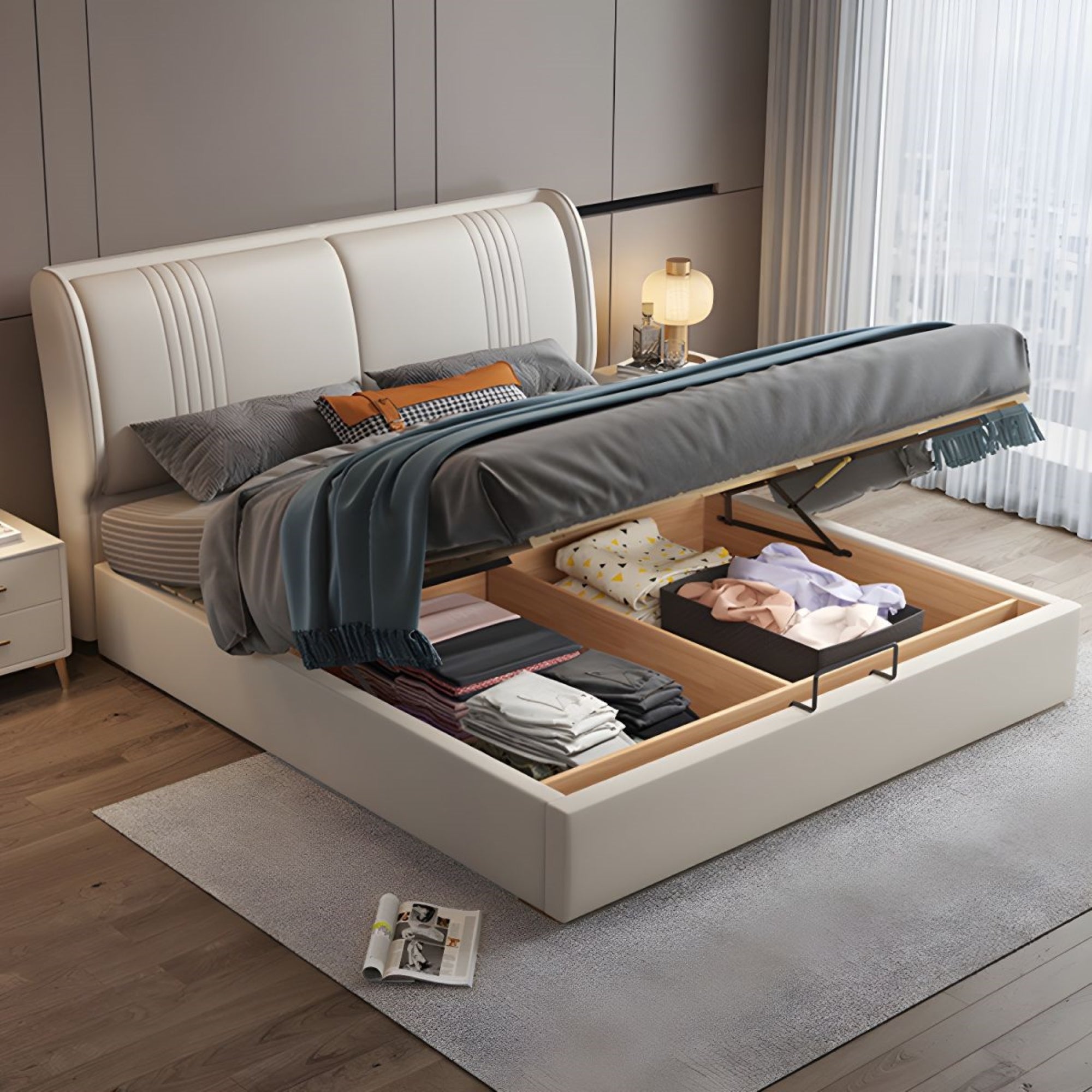 Hydraulic bed with soft backrest, an ideal modern design for bed, hydraulic storage