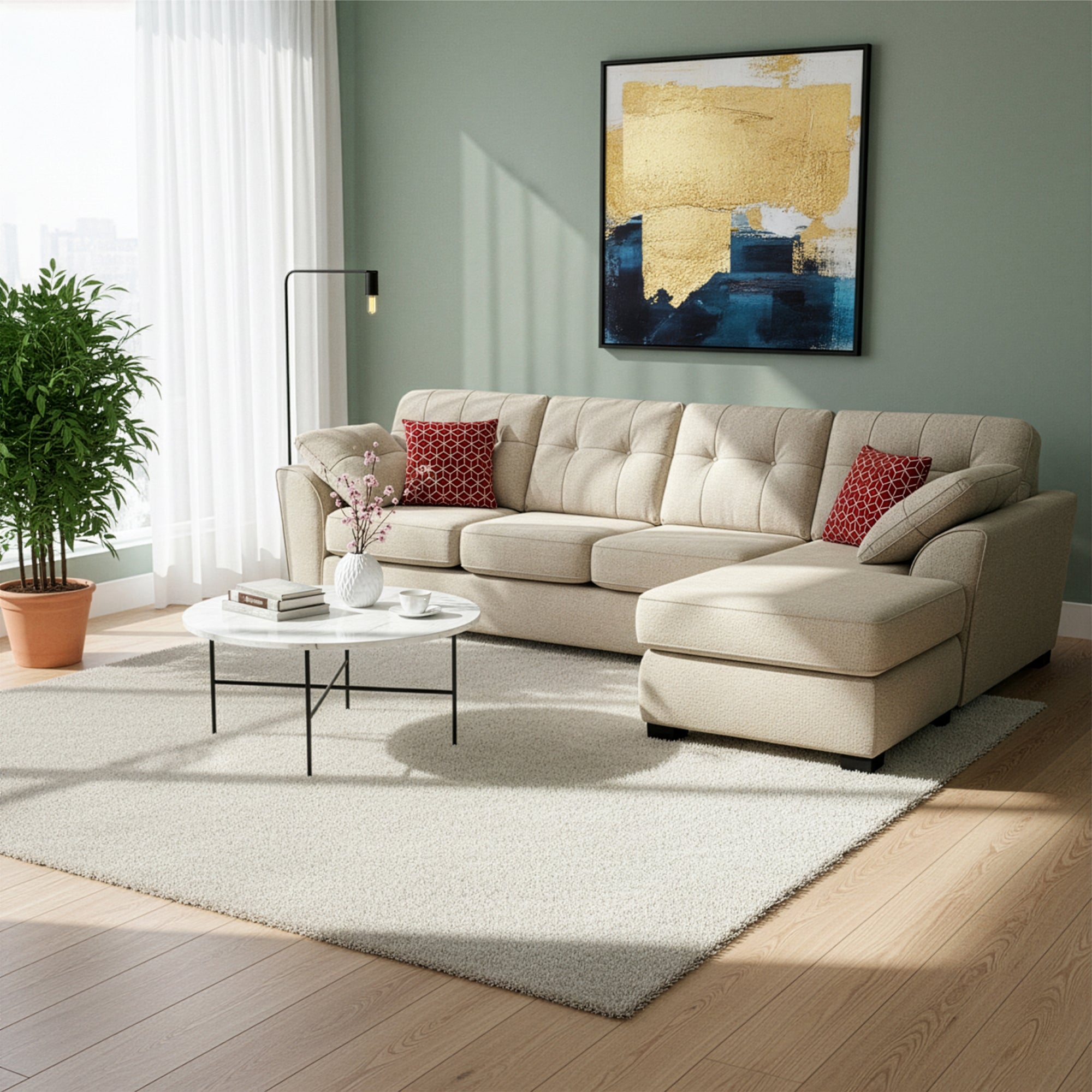 Bright and cozy living room with a beige lounger sofa, red accent pillows & soft beige rug,