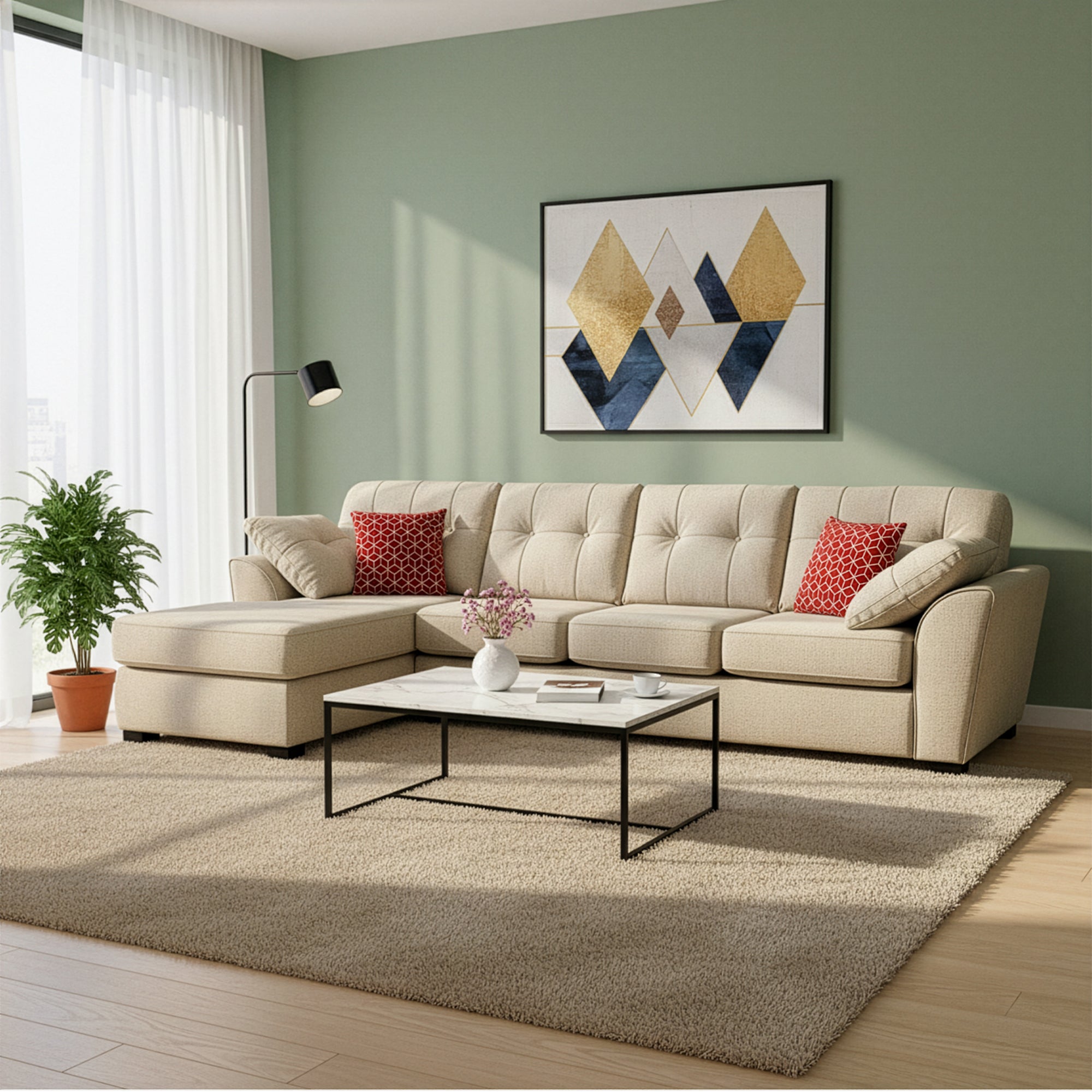 Modern living room with beige lounger sofa, red accent pillows