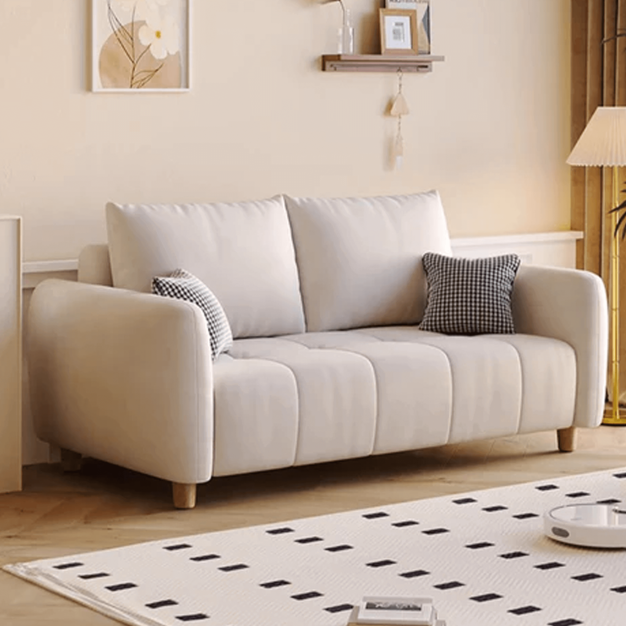 Couch for sofa, featuring a minimalist design and ample floor clearance. White colour couch