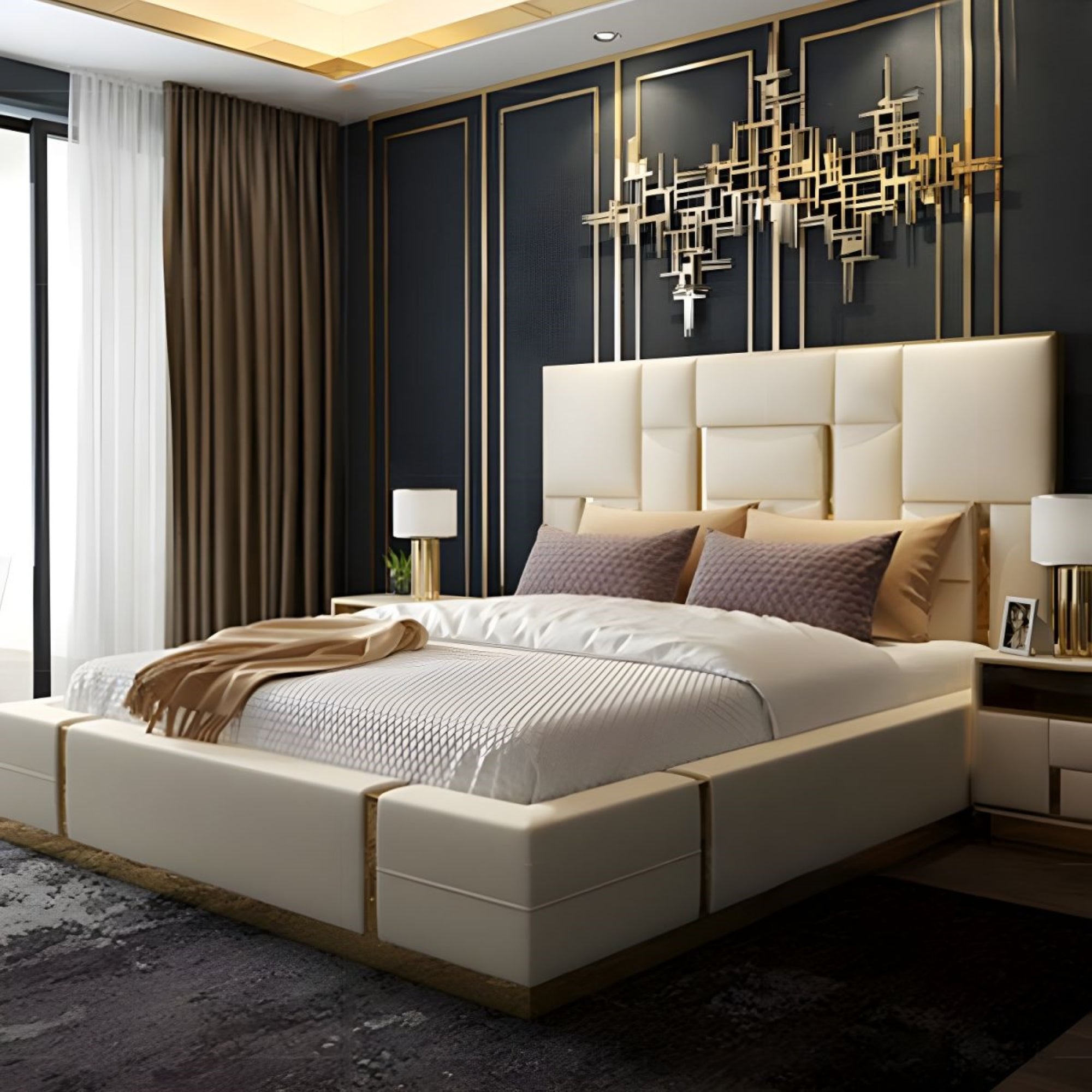 Bed in king size, a stylish modern bed design with a durable frame. white and gold bedroom