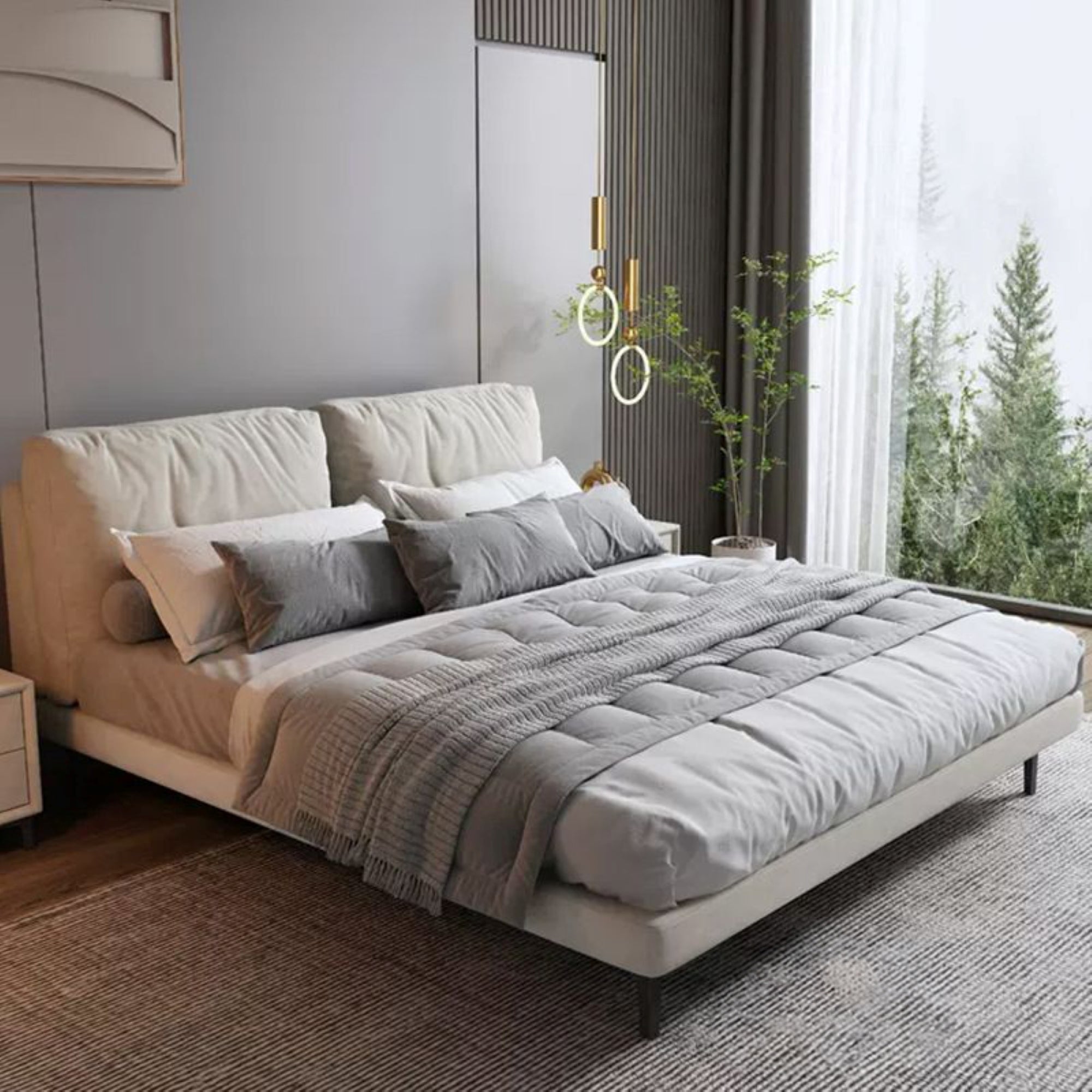 Queen size bed, featuring soft upholstery and double bed and frame support, white bed