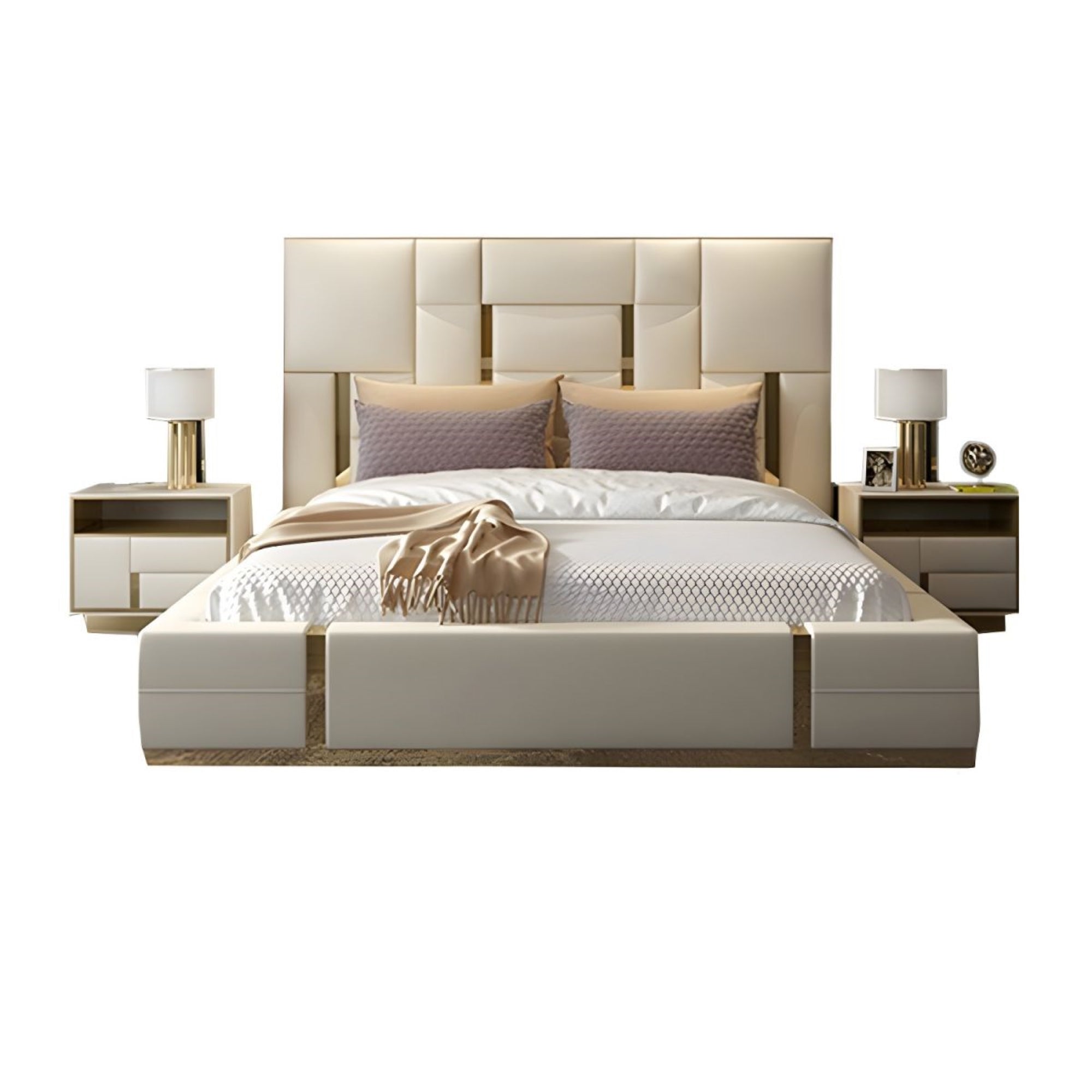 Bed in king size, a stylish modern bed design with a durable frame. gold bed and table