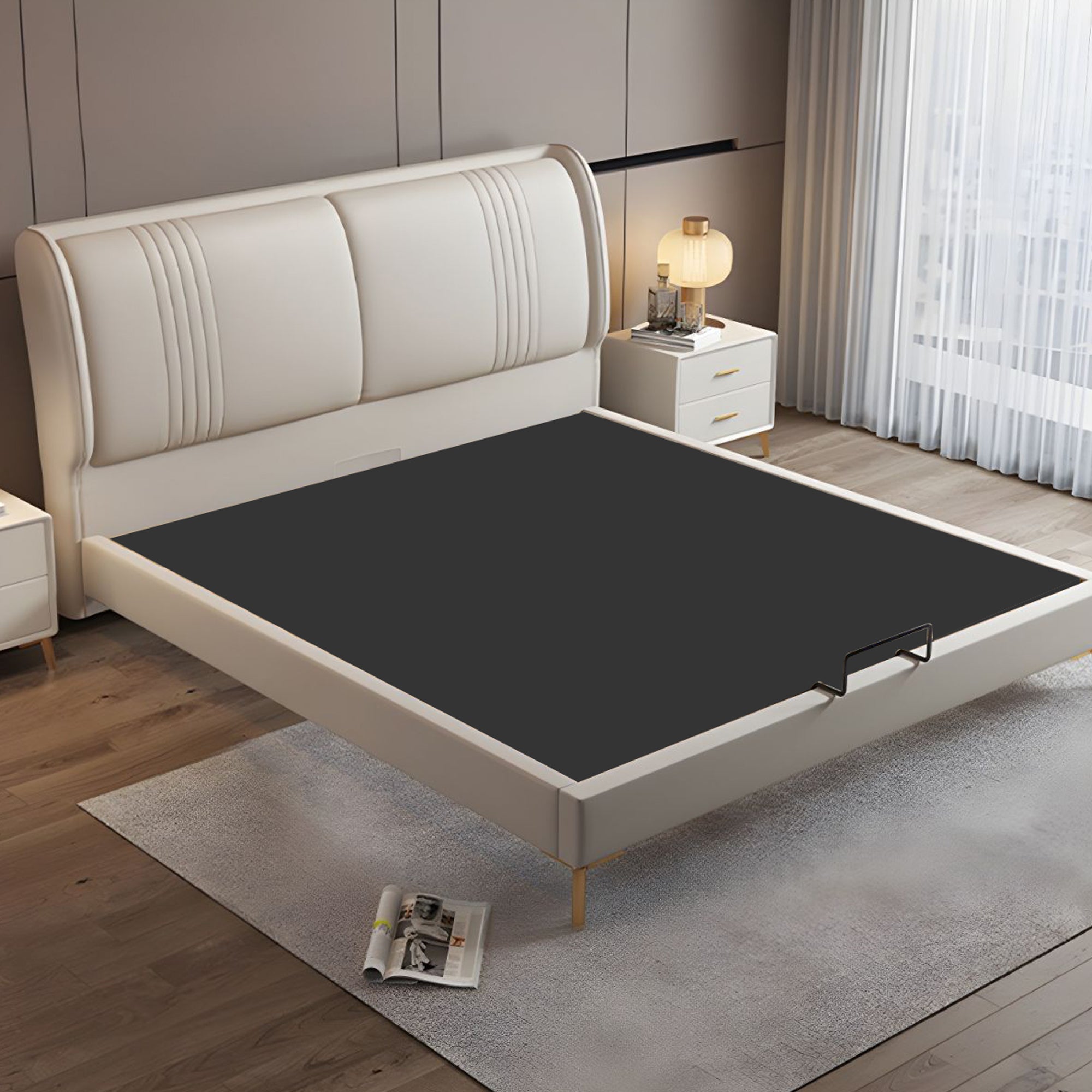 double bed with sleek legs and premium foam cushioning, beige upholstered bed