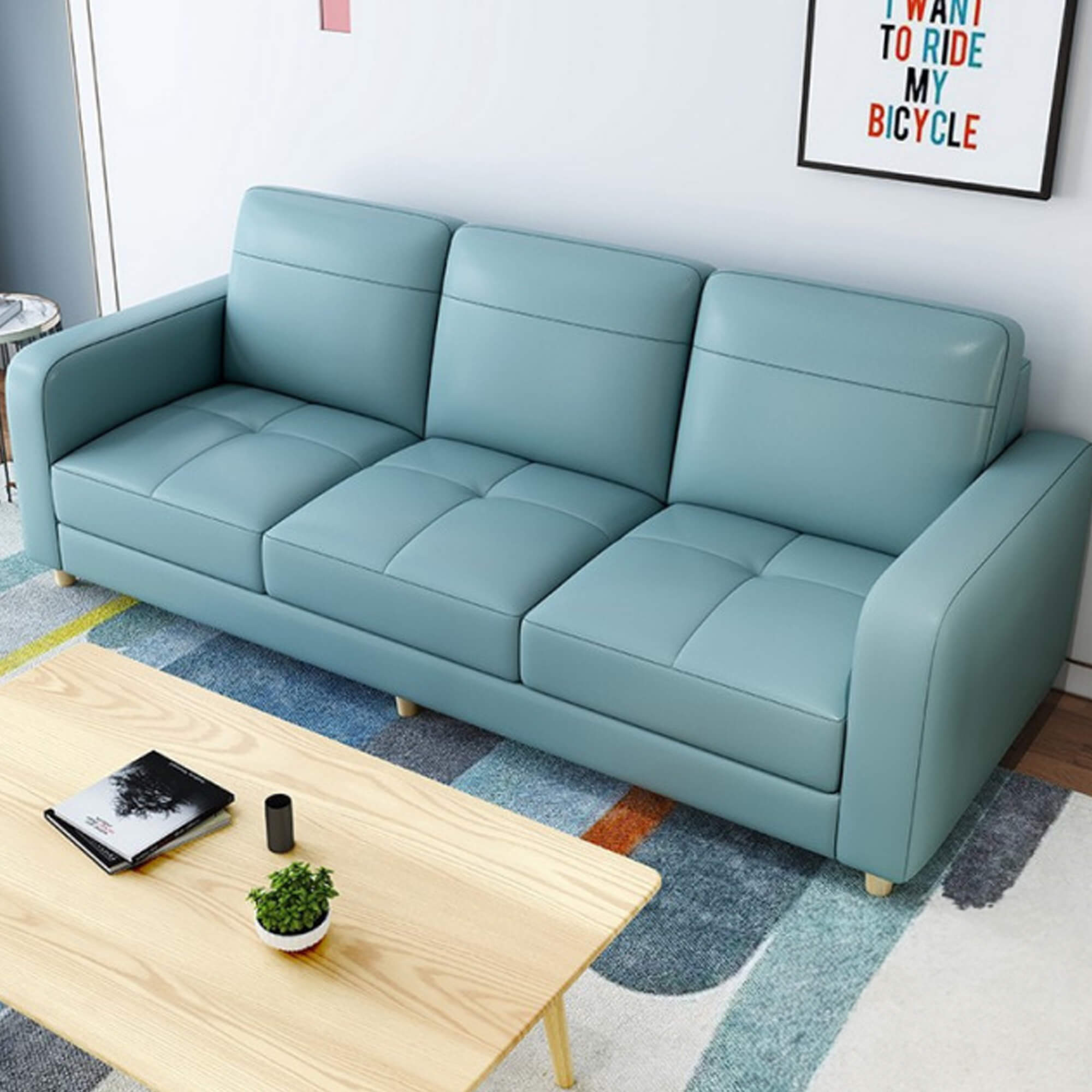 Sofa in the corner, offering deep seating and stylish appeal. Pastel colour sofa