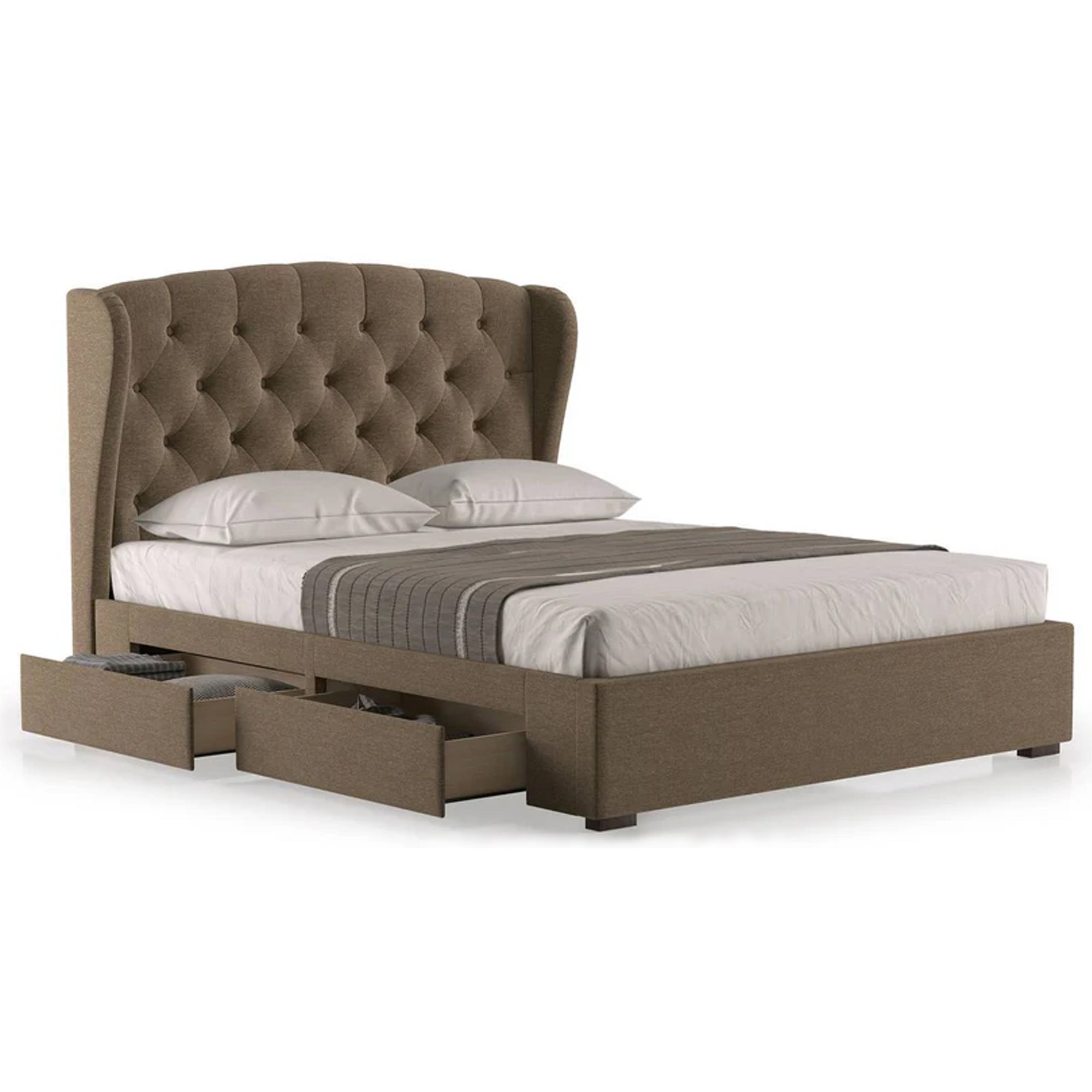 Double bed and a master bedroom bed design featuring classic diamond tufting. drawer storage bed