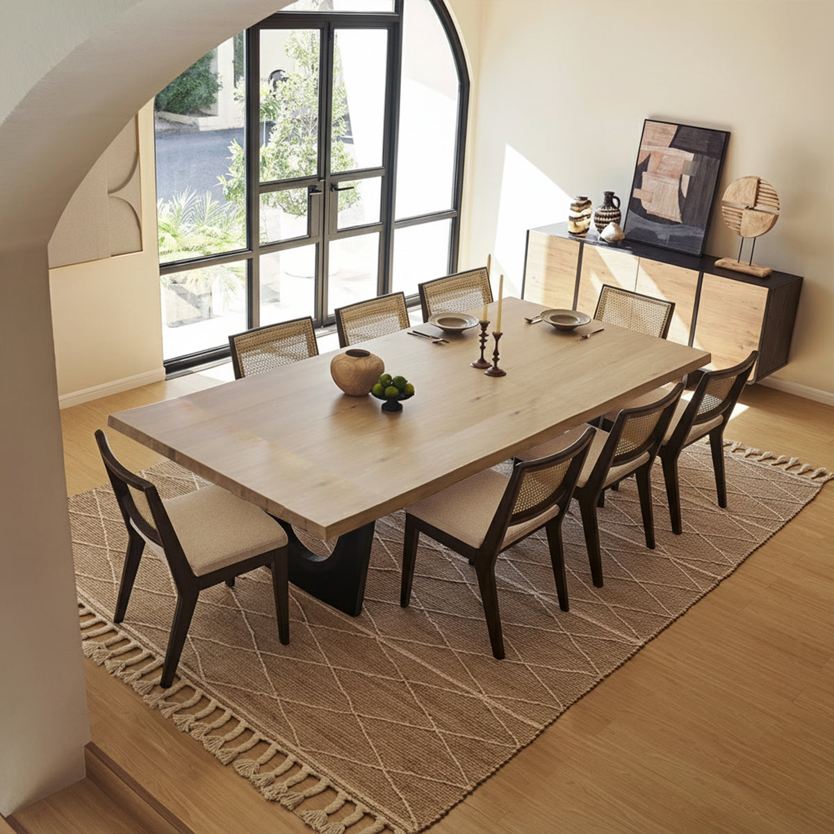 Lumea 8-seater solid wood dining table with cane chairs for large dining rooms