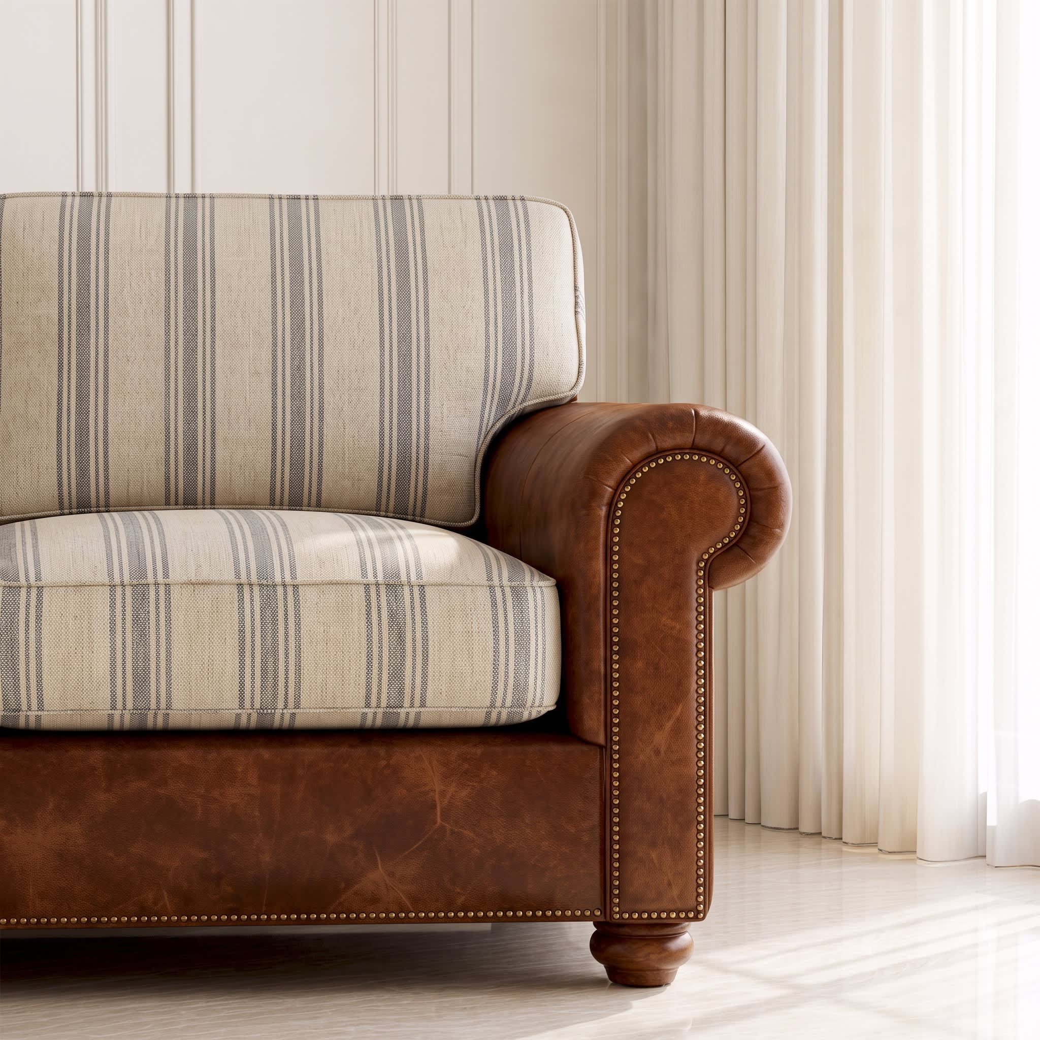 A close-up of a classic Chesterfield-style armchair with brown leather rolled arms and back, featuring cream and gray striped upholstery, set in a bright room with white curtains.