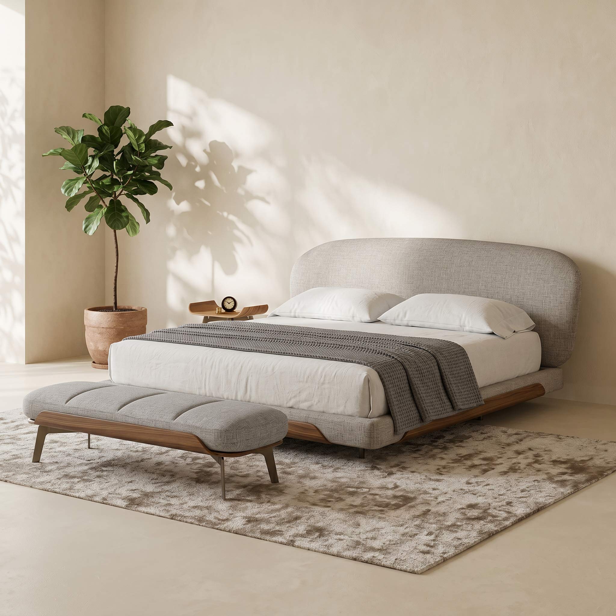 A modern platform bed with a tall upholstered headboard in light gray, styled with white bedding and a textured gray throw blanket. A matching gray tufted bench with wooden legs sits at the foot of the bed.