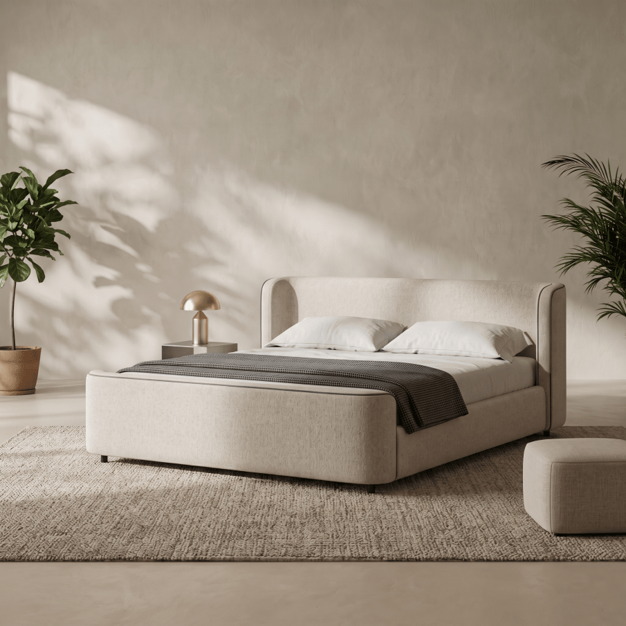 A modern upholstered bed in a warm beige fabric, styled with white pillows and a dark gray throw blanket in a minimalist, sunlit bedroom. The room features a textured beige wall with soft leaf shadows, a matching beige rug, a small side table with a gold lamp, and potted plants.