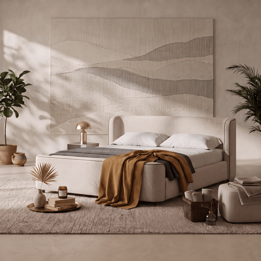 A modern upholstered bed in a warm neutral bedroom setting, styled with white pillows, a mustard-brown throw blanket, a small gold table lamp, and a large abstract wall art piece behind it.