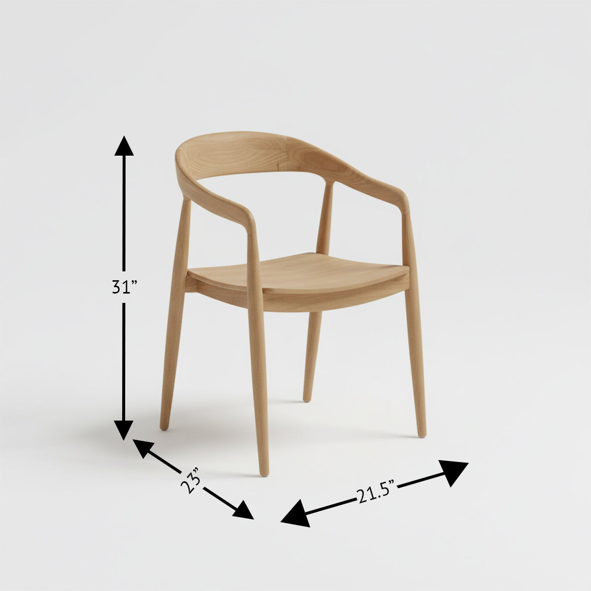 Wooden dining chair with dimensions: 31" height, 23" depth, 21.5" width.