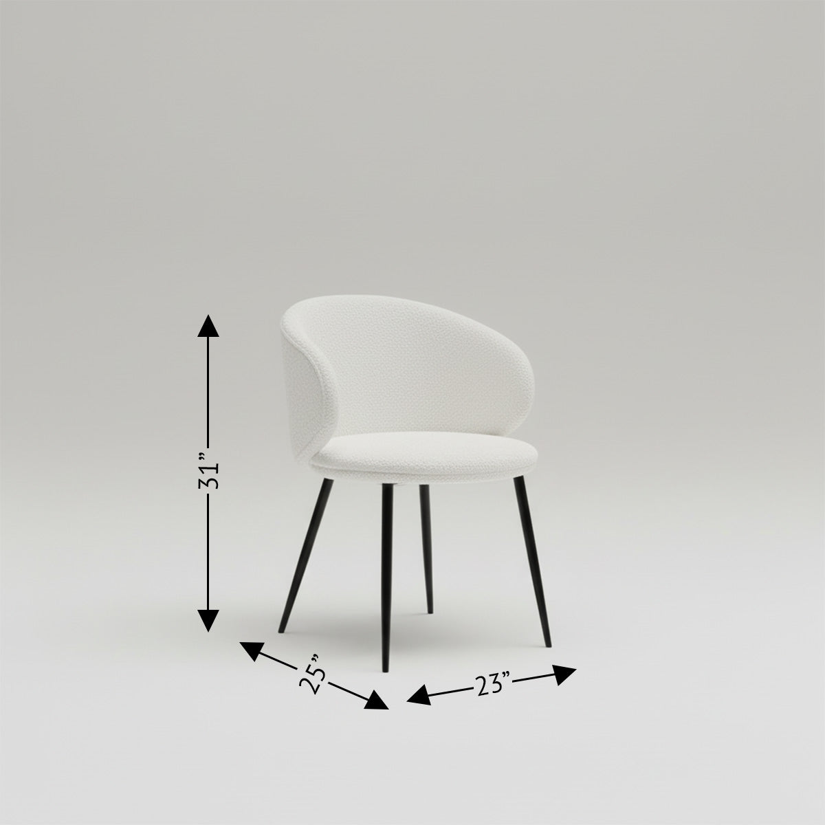 White boucle upholstered dining chair with black legs and dimensions (31"H x 23"W x 25"D).