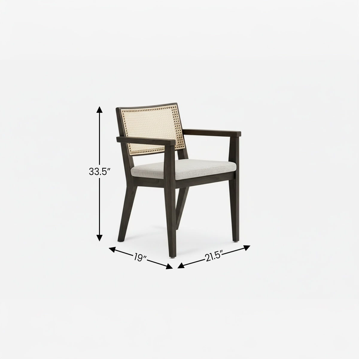 Dimensions for the Cane Back Armchair: 33.5 inches high, 21.5 inches deep, 19 inches wide.