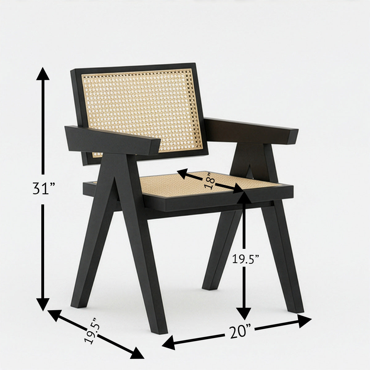 Detailed measurement diagram of a single modern black cane dining chair, showing height, width, and depth.