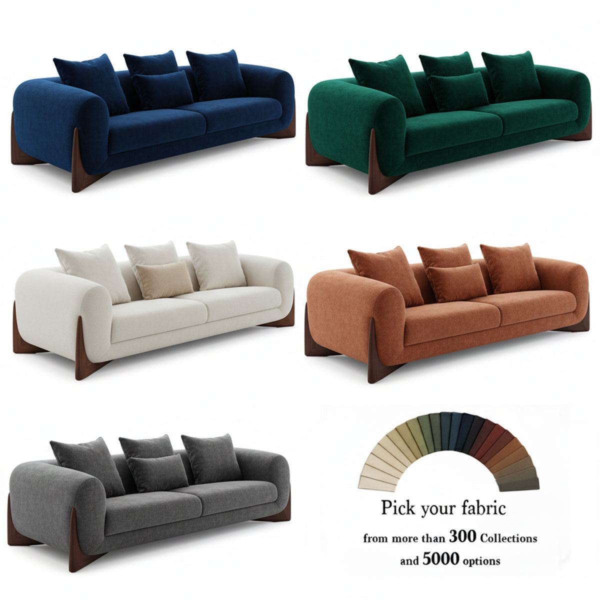 A collage of five Harper sofas in different colors (blue, green, white, terracotta, and gray) above a fan-shaped fabric swatch palette with the text "Pick your fabric from more than 300 Collections and 5000 options."