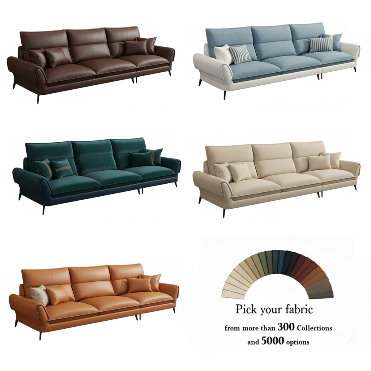 A collage displaying five different color and fabric options for the NOVA sofa, including brown leather, blue fabric with white sides, deep teal velvet, light beige fabric, and tan leather. The image also features a fabric swatch wheel with the text, "Pick your fabric from more than 300 Collections and 5000 options," indicating customization.