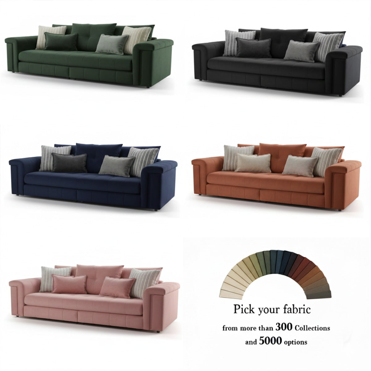 Alcotta sofa color variations showing green, black, blue, orange, and pink fabric options with custom swatch fan.