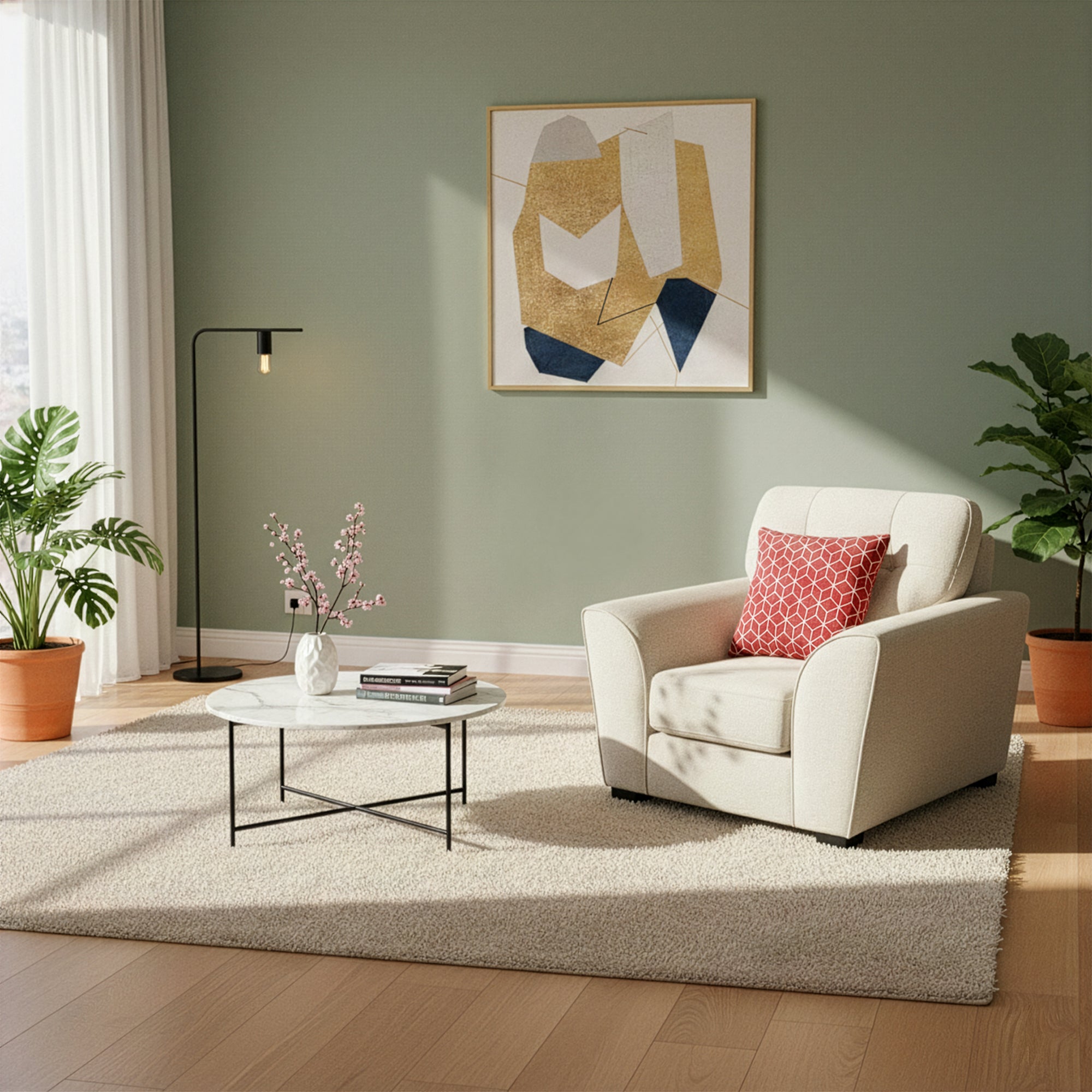 Stylish living room featuring a beige single seater sofa with red patterned throw pillows