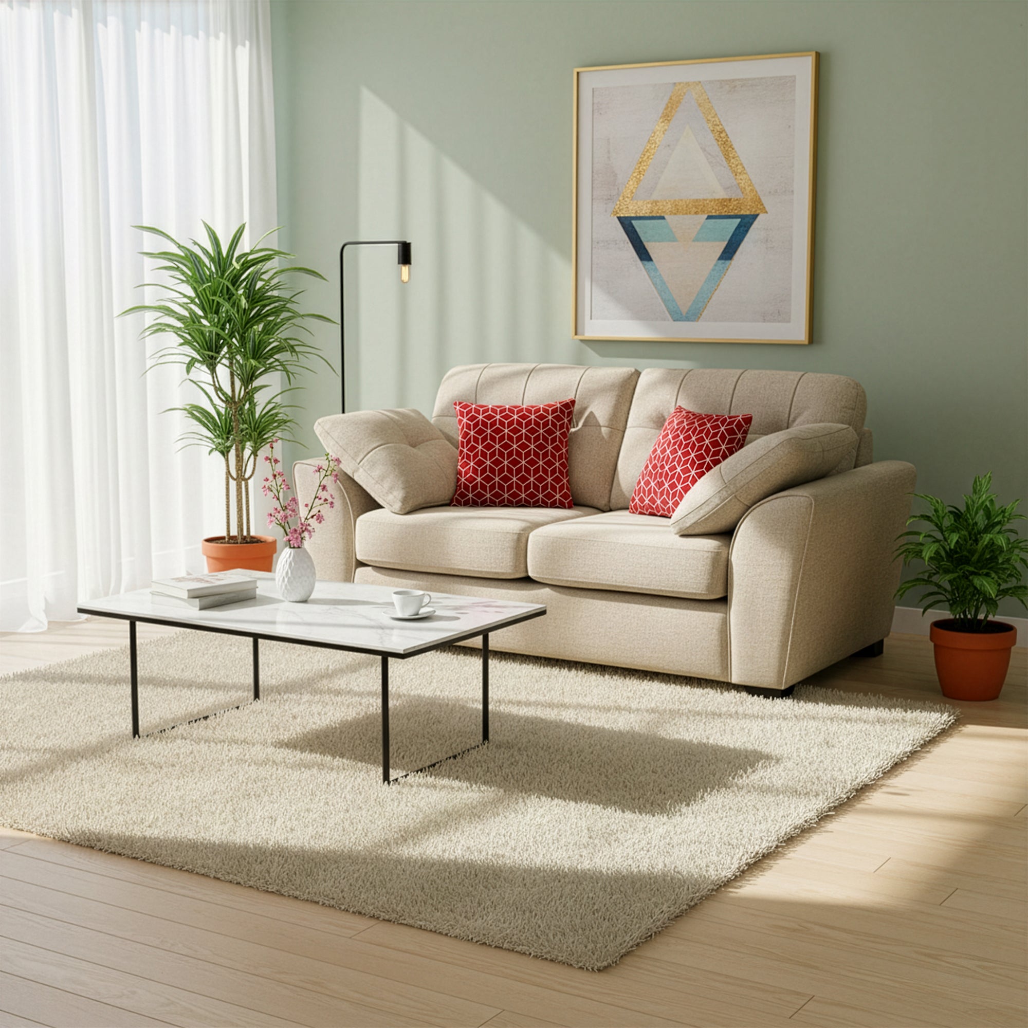 Stylish living room featuring a beige 2-seater sofa with red patterned throw pillows