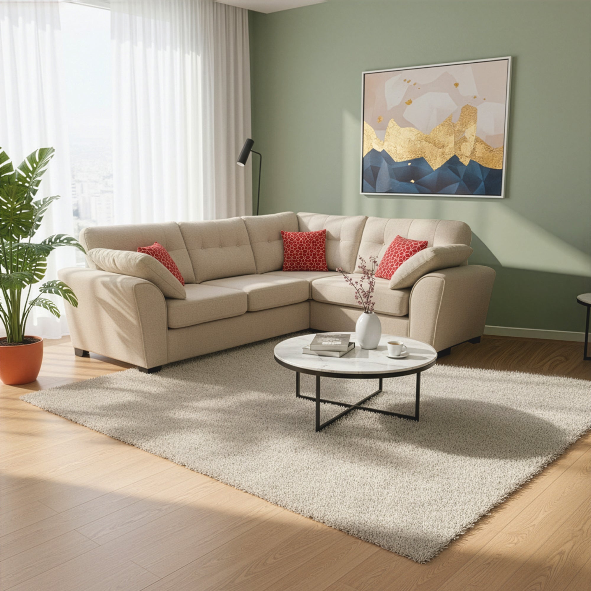 Modern living room with beige L-shaped sectional sofa, red patterned cushions, round marble coffee table, indoor plant, wall art, and large window with sheer curtains.