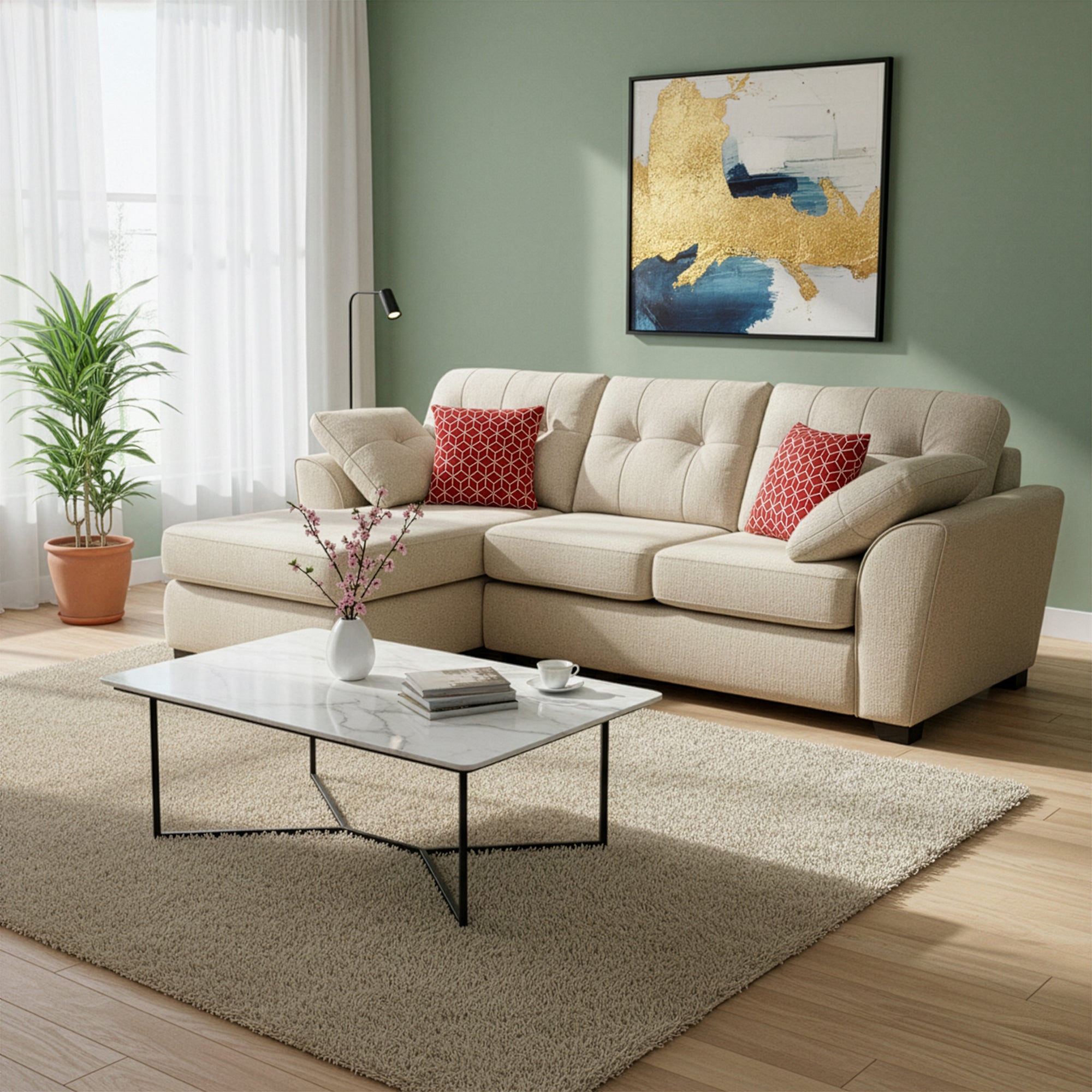 Bright and cozy living room with a beige lounger sofa, red accent pillows & soft beige rug,