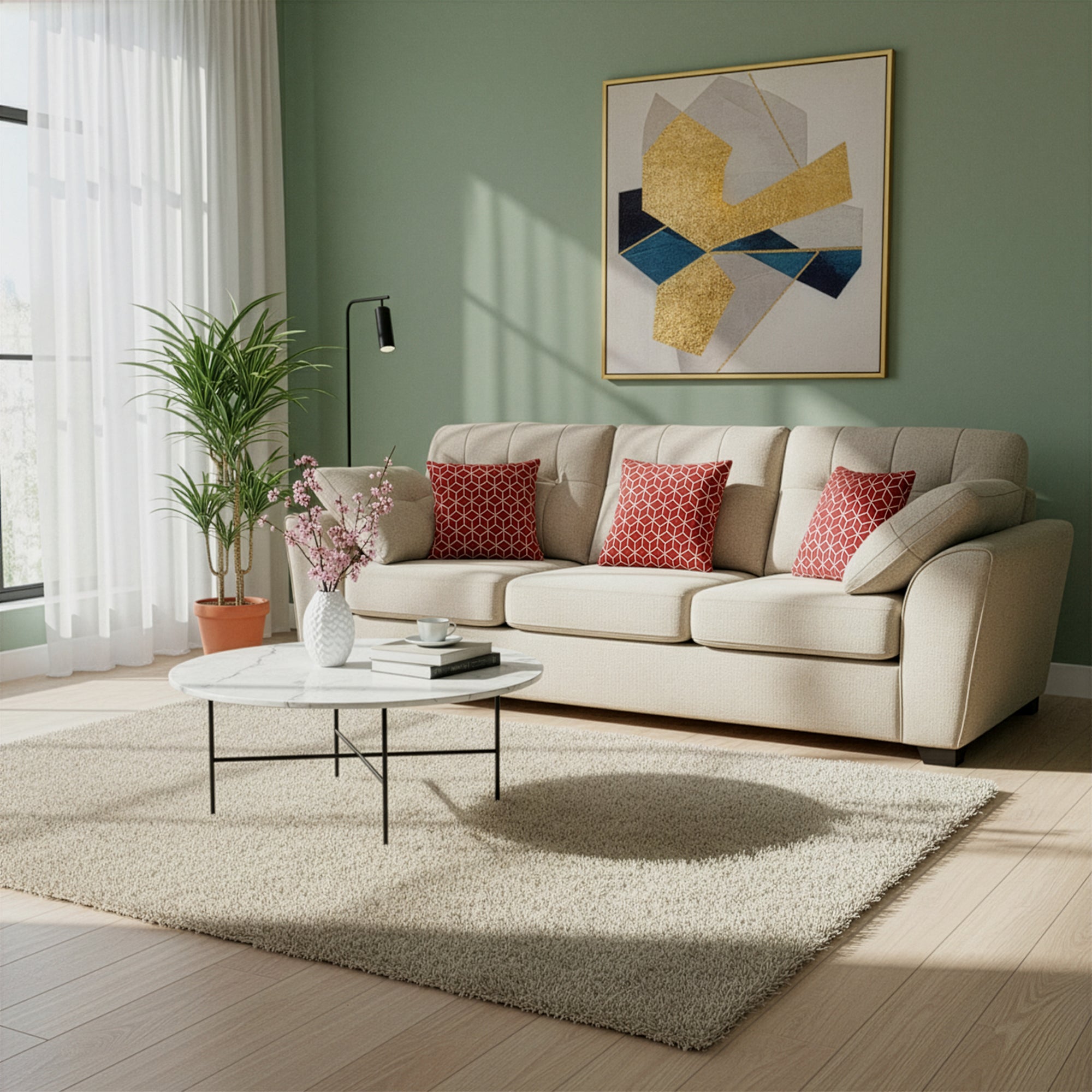 Stylish living room featuring a beige 3-seater sofa with red patterned throw pillows